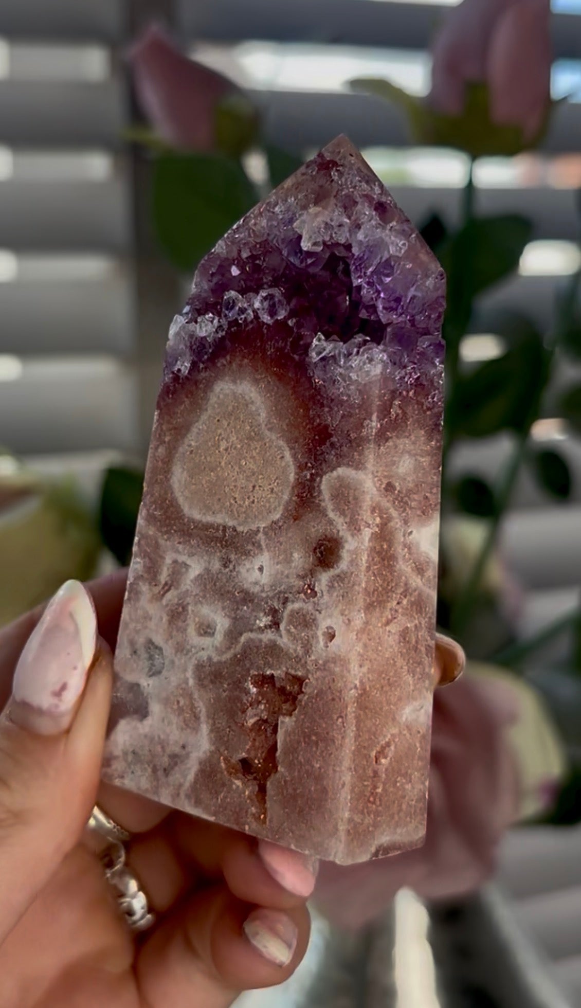 Beautiful, high quality, Pink amethyst tower with purple quartz & Green jasper