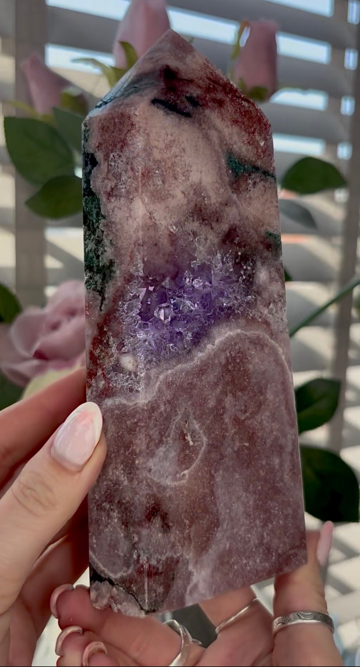 Beautiful, high quality, tall, Pink amethyst tower with purple quartz - 19cm