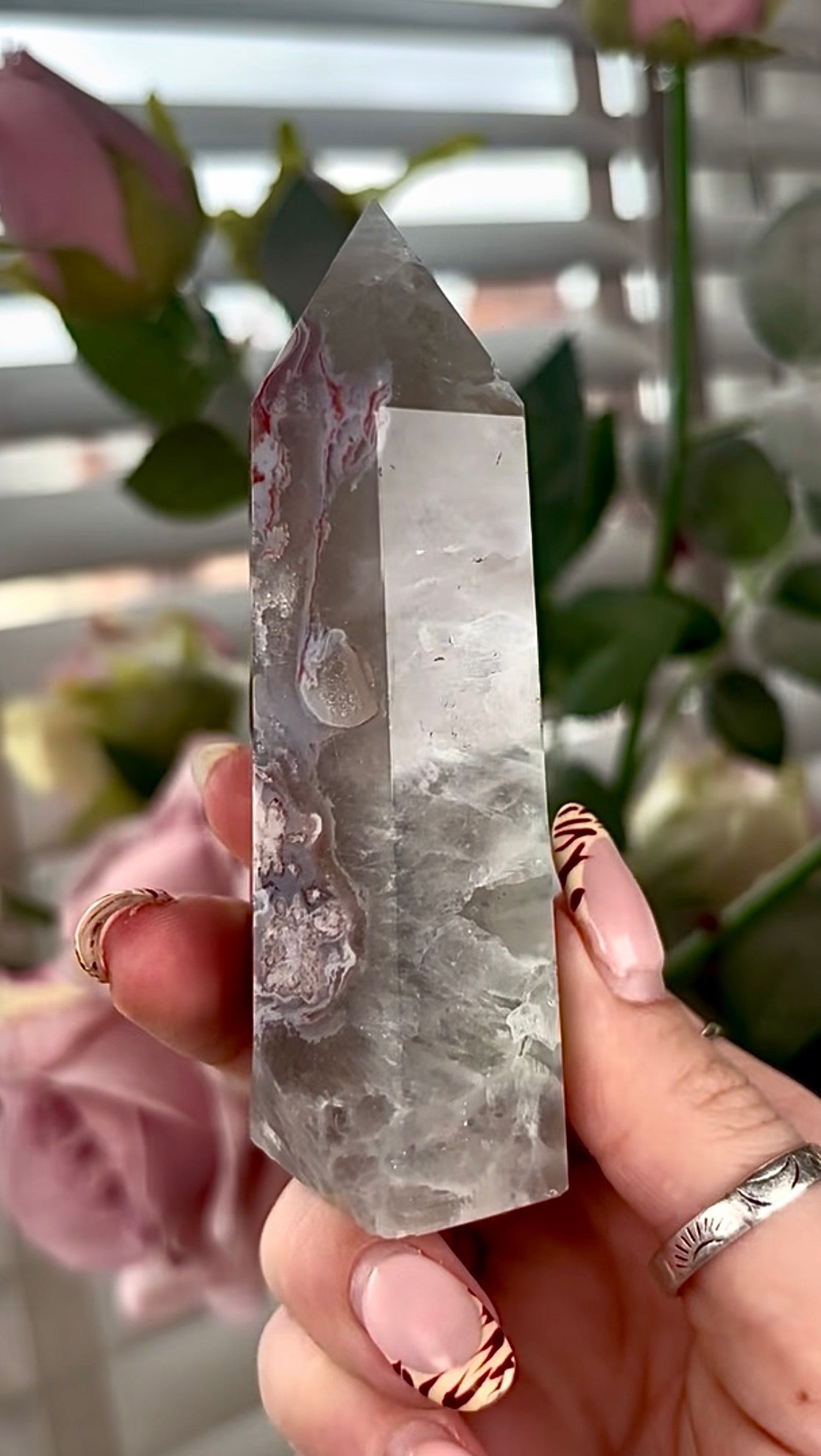 Stunning!! Super high quality, Druzy, green chlorite x blue flower agate tower