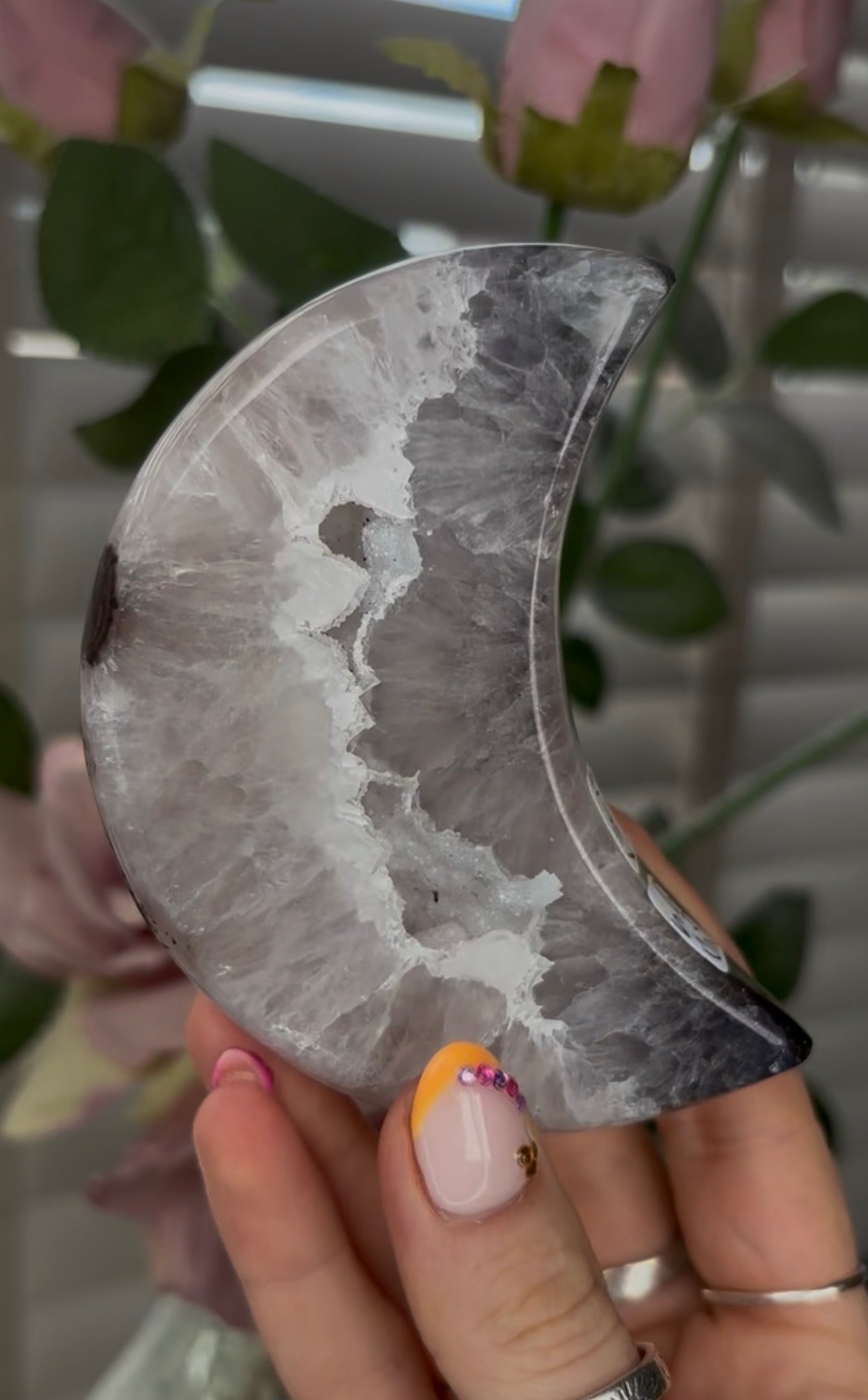 Beautiful, high grade, agate moon with druzy - comes with stand