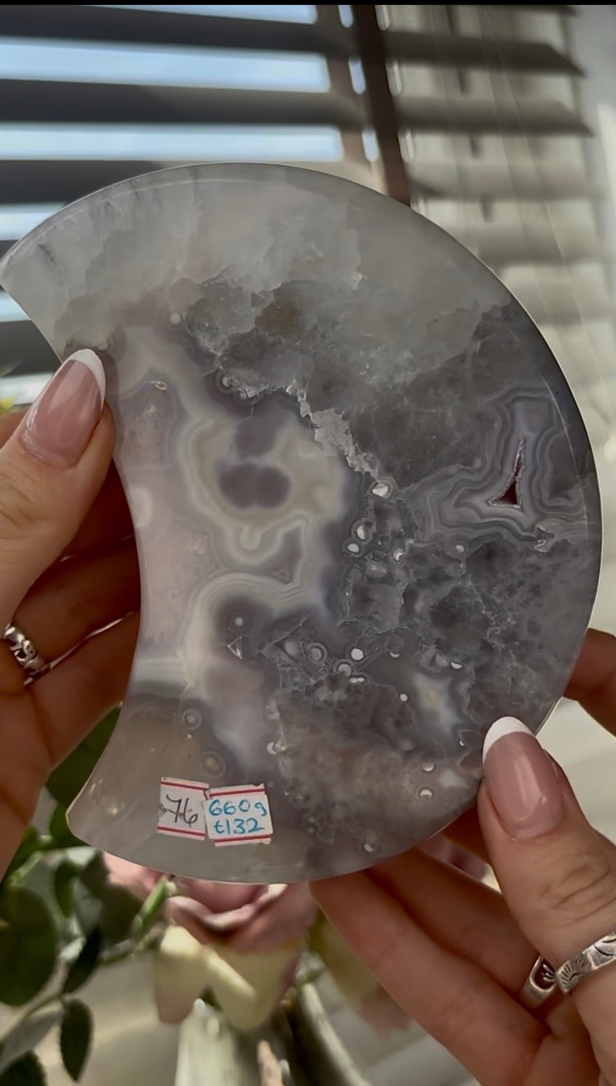 Beautiful, high grade, agate moon with druzy - comes with stand