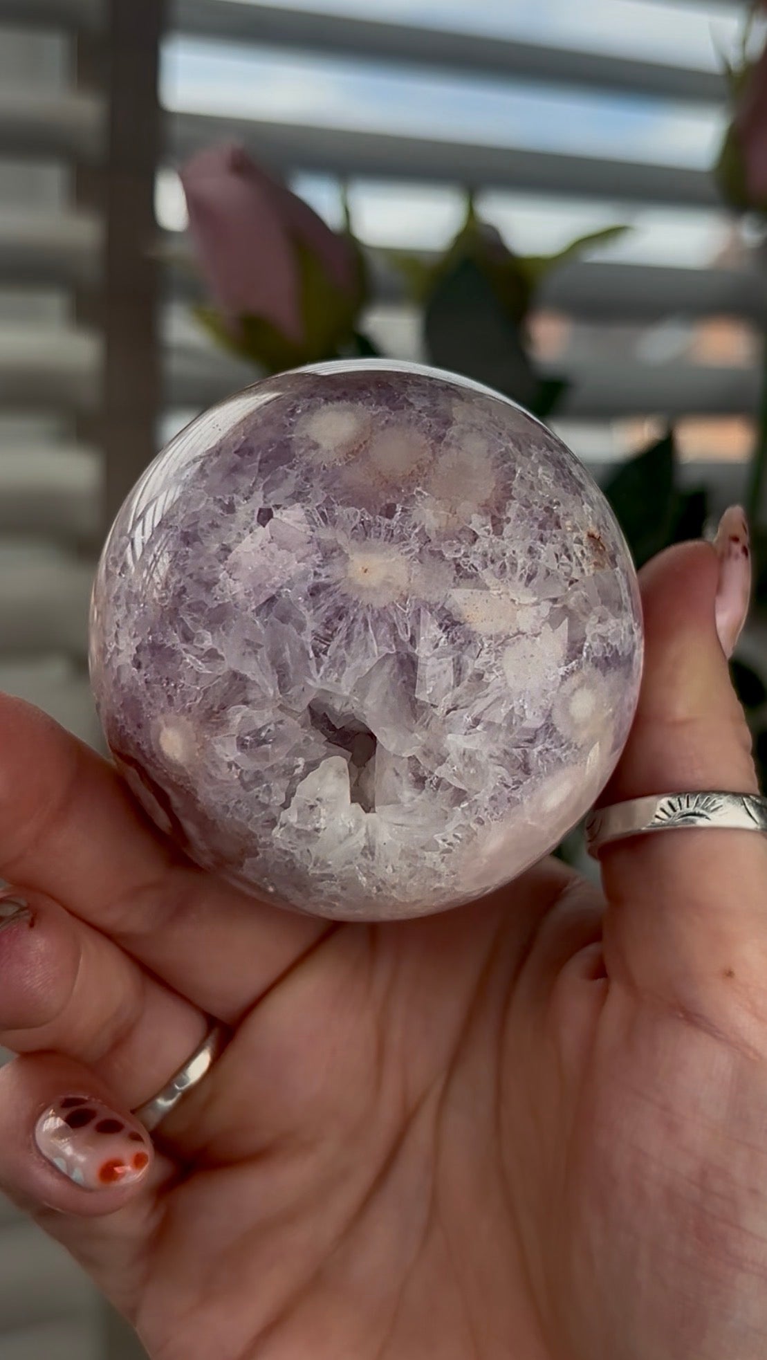 High grade, amethyst Flower agate sphere with druzy quartz