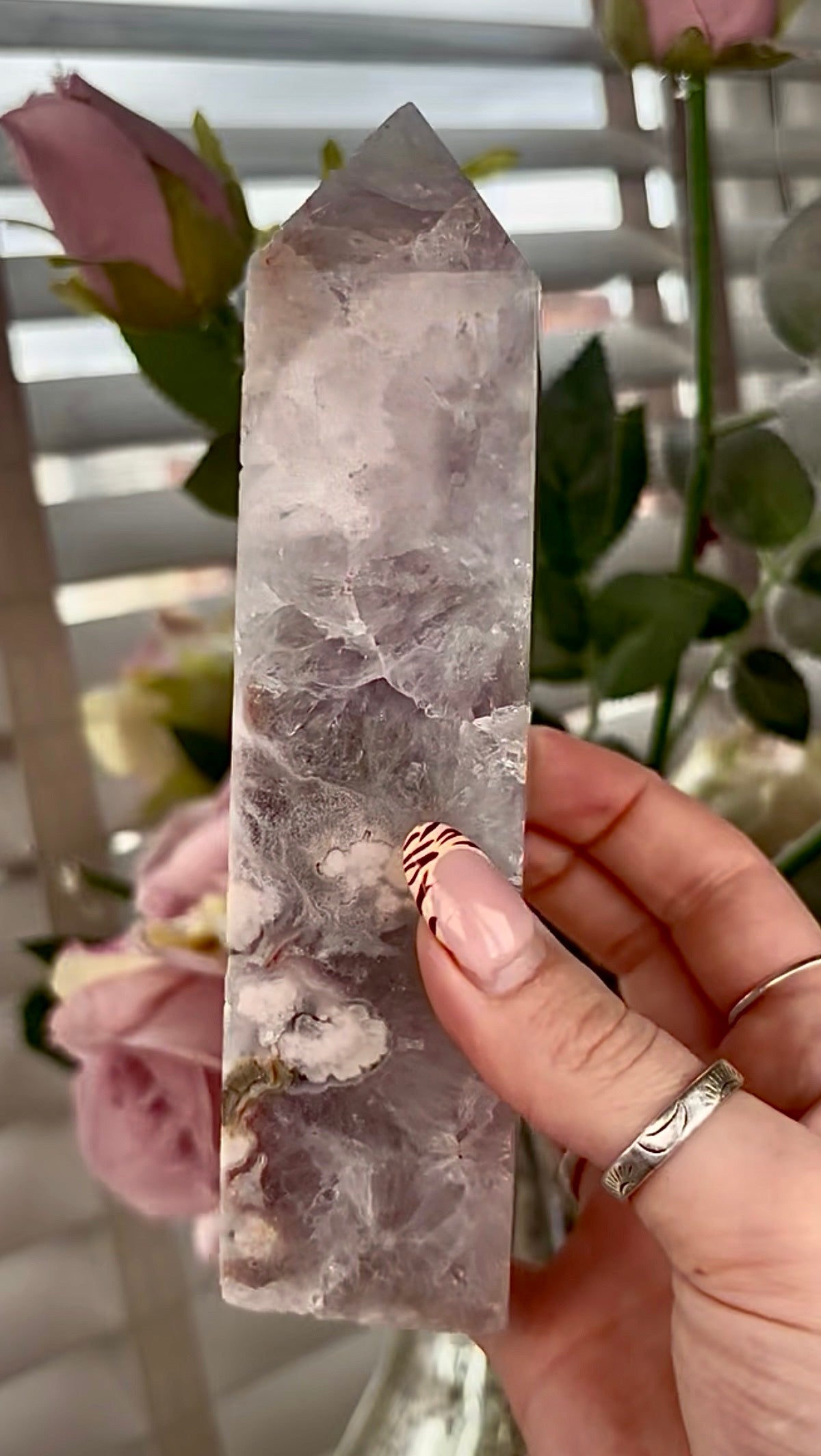 Stunning!! Super high quality, Druzy, green chlorite x blue flower agate tower