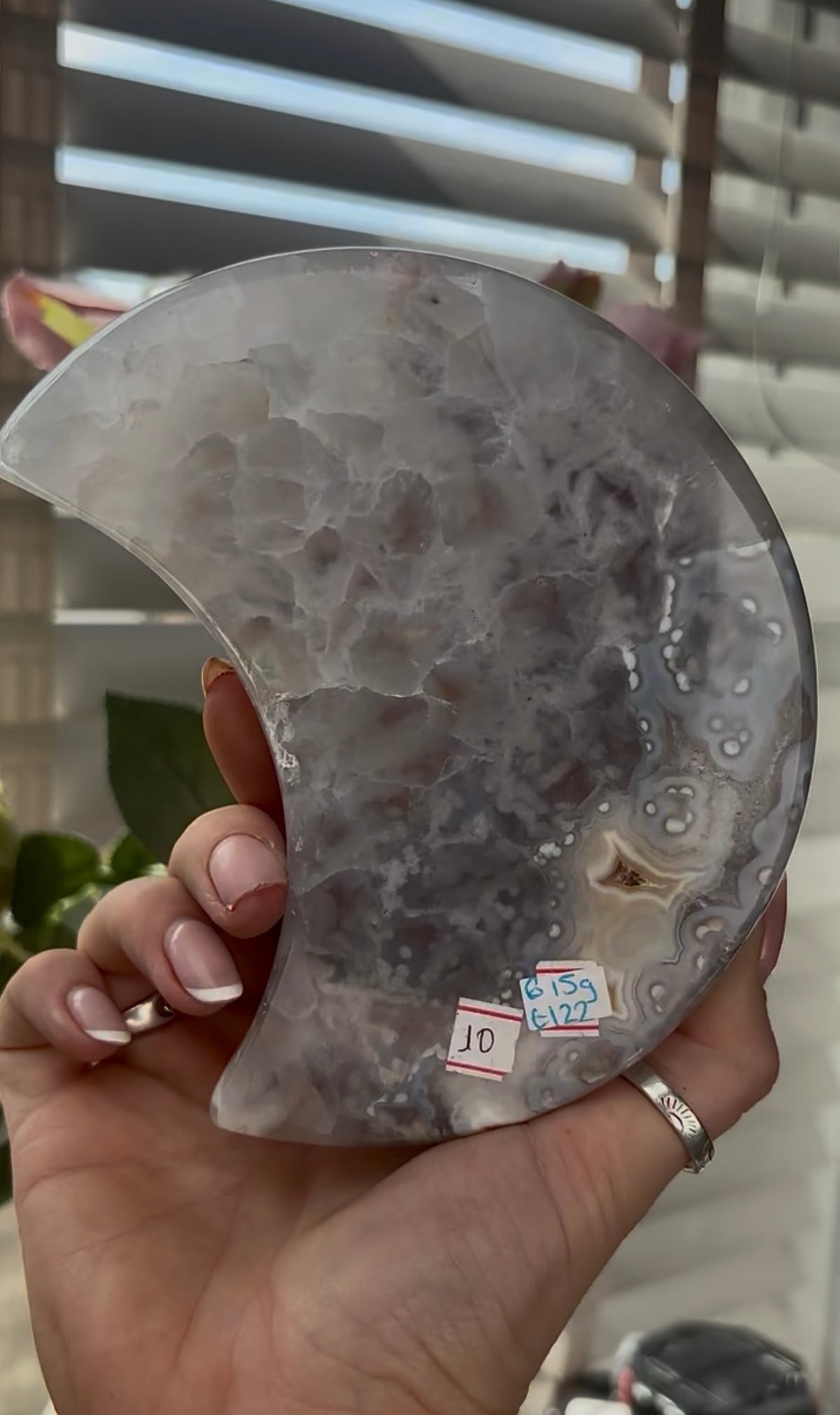 Beautiful, high grade, agate moon with druzy - comes with stand