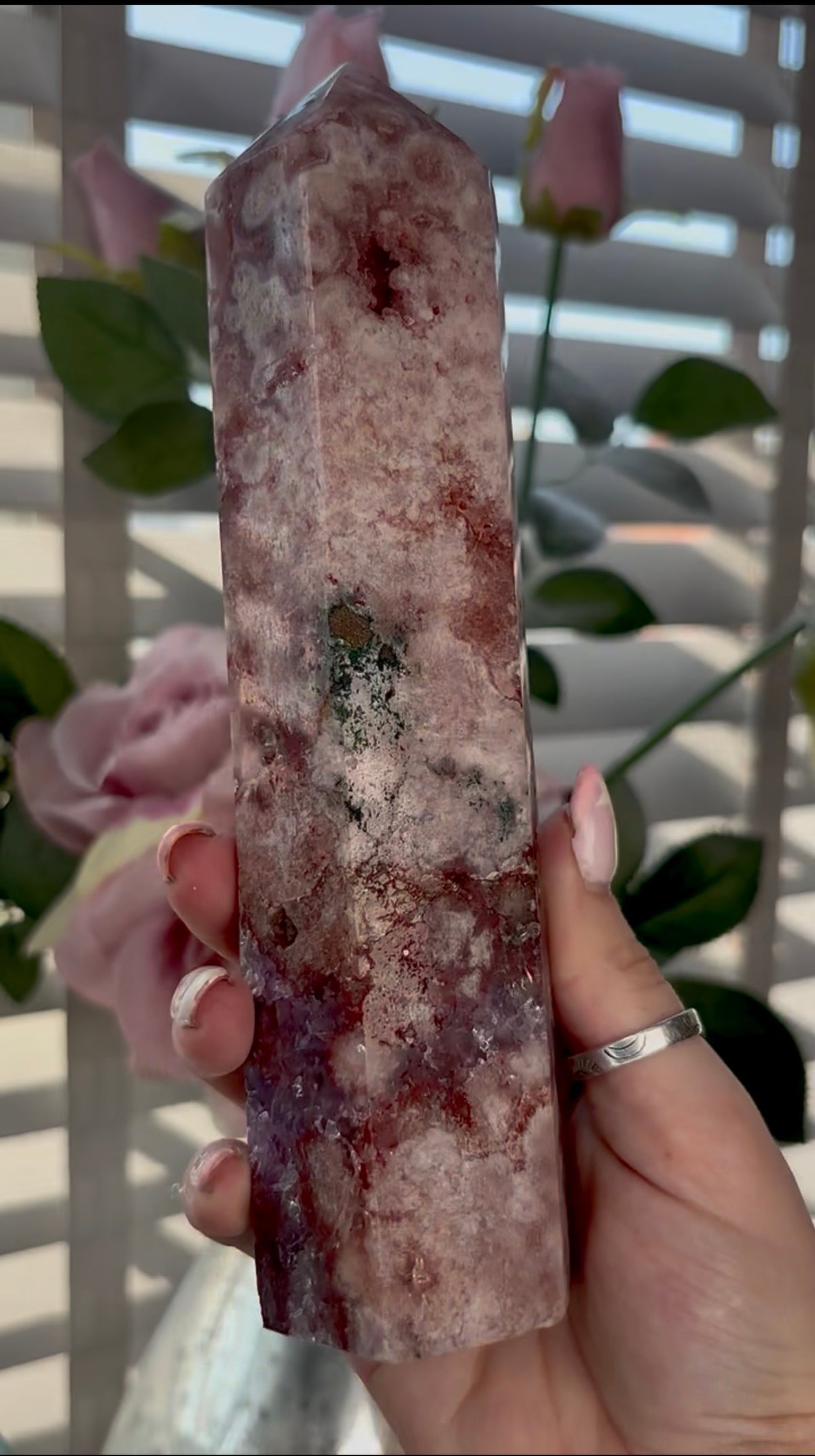 Beautiful, high quality, tall, Pink amethyst tower with purple quartz & red hematite - 20cm
