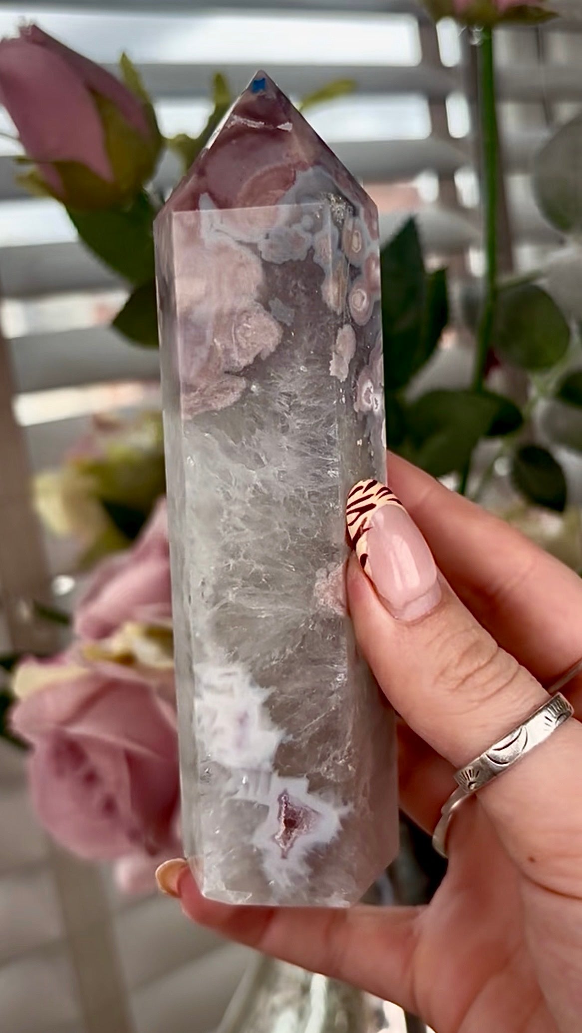 Stunning!! Super high quality, Druzy, green chlorite x blue flower agate tower
