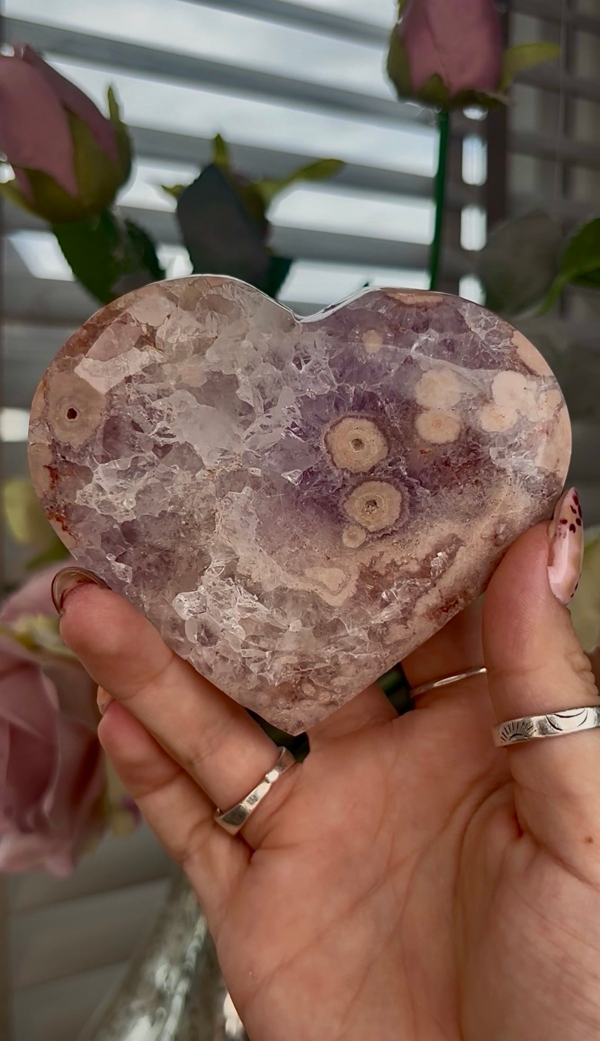 High grade, Amethyst Flower agate heart with stand