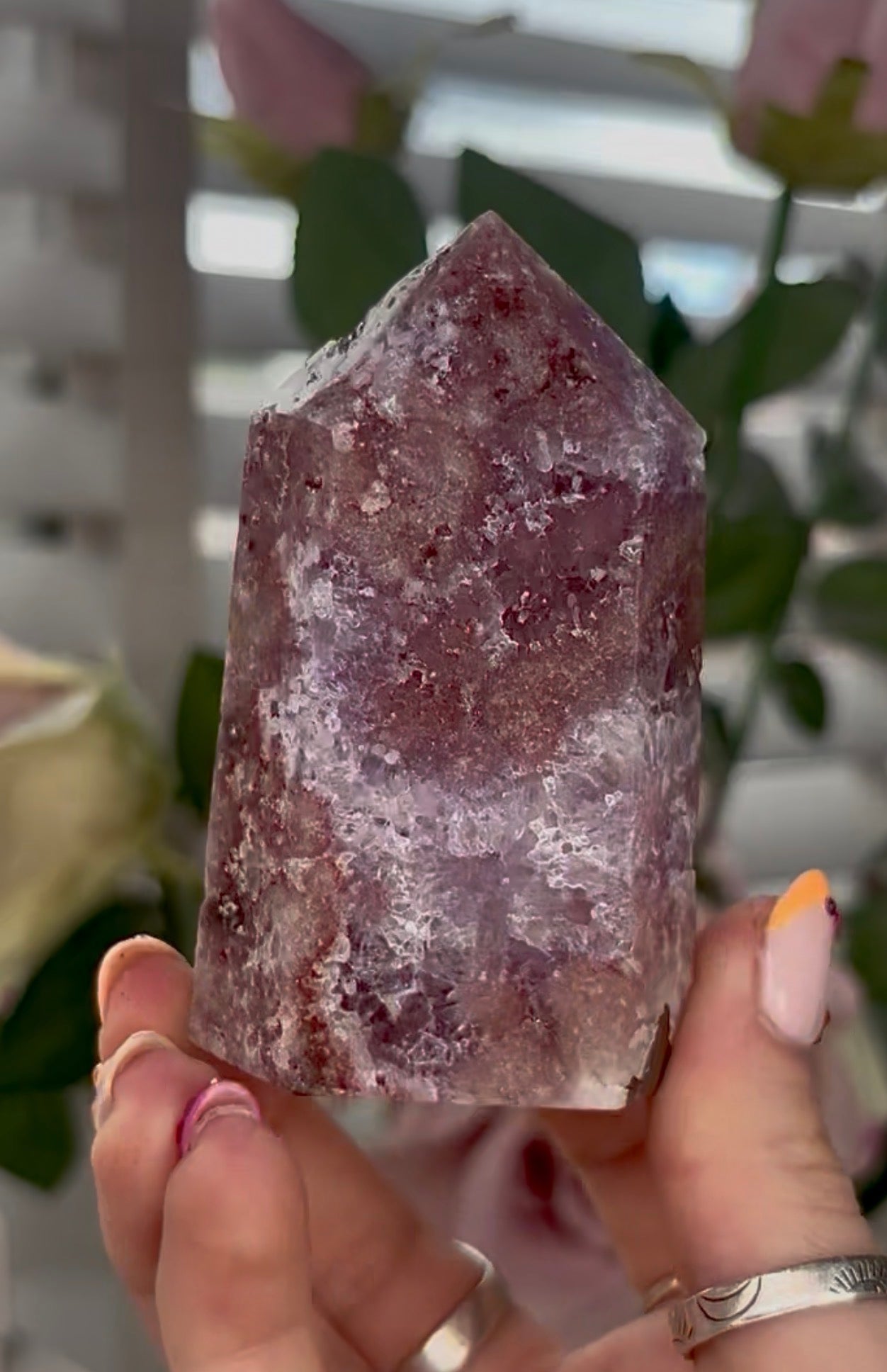 Pretty, high quality, Pink amethyst tower, with lilac quartz druzy