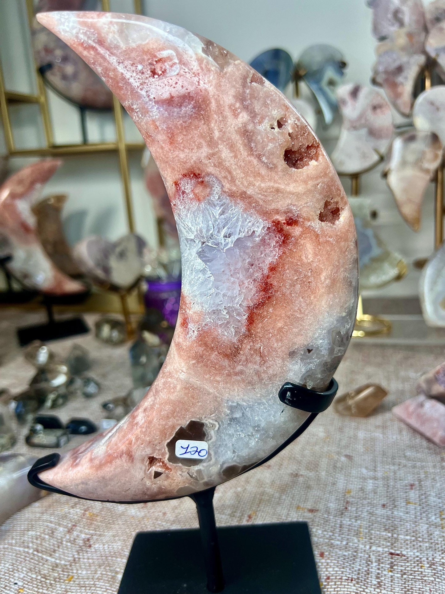 High grade, pink amethyst moon in pink, peach, red, & baby blue tones with gorgeous quartz