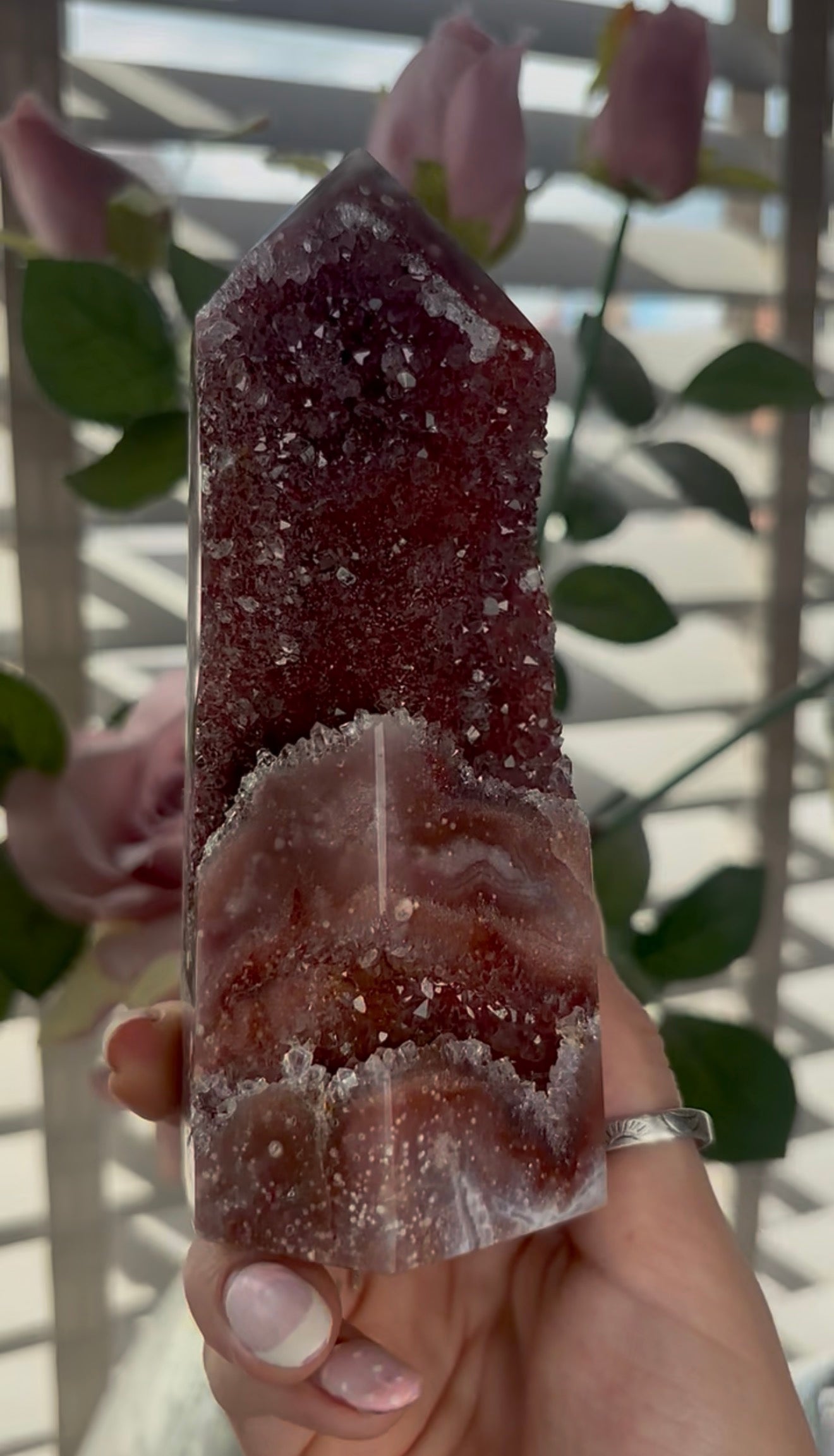Incredible, high quality, Pink amethyst tower in red tones with sugar druzy