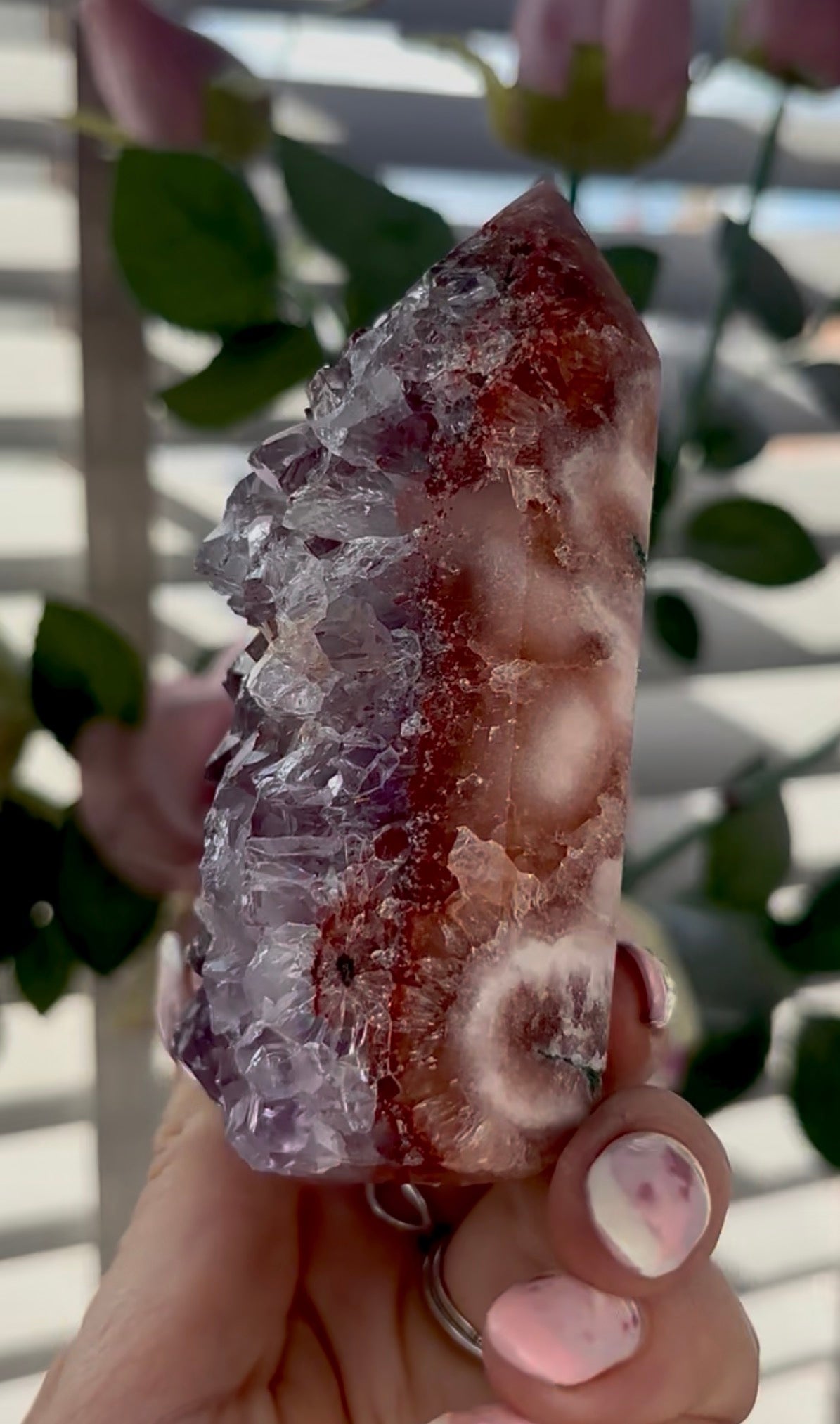 Beautiful, high quality, Pink amethyst tower with purple quartz & green jasper