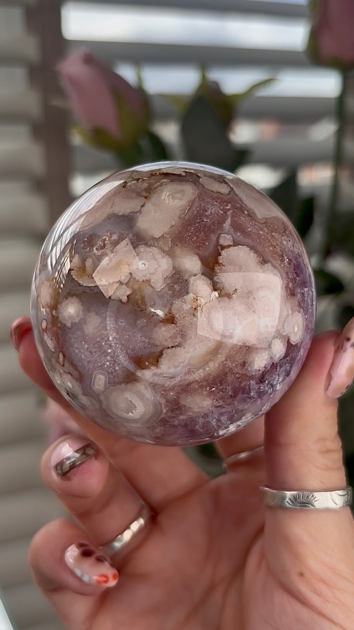 High grade, amethyst Flower agate sphere with high clarity quartz