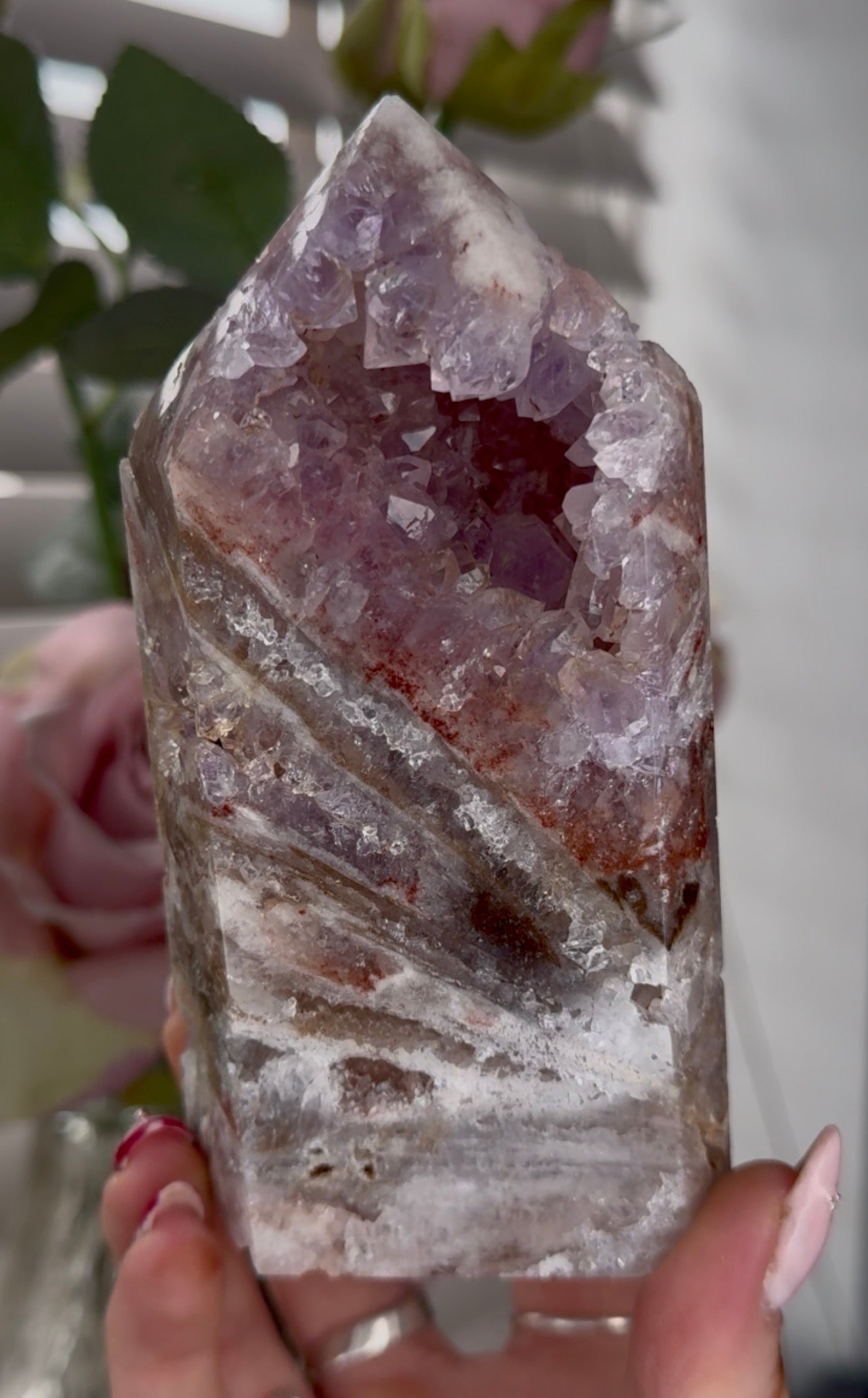 High quality Pink amethyst tower with agate, jasper & rutile 13cm(h) 7cm(w)