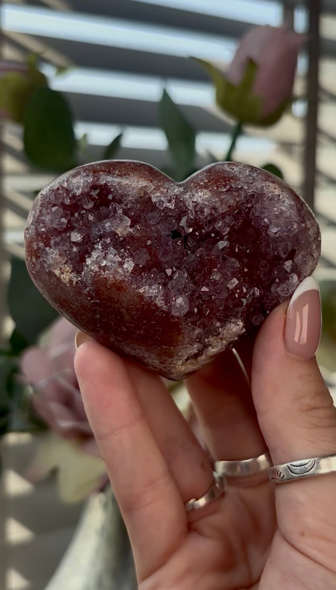 Gorgeous, high quality, pink amethyst heart with Jasper - comes with stand