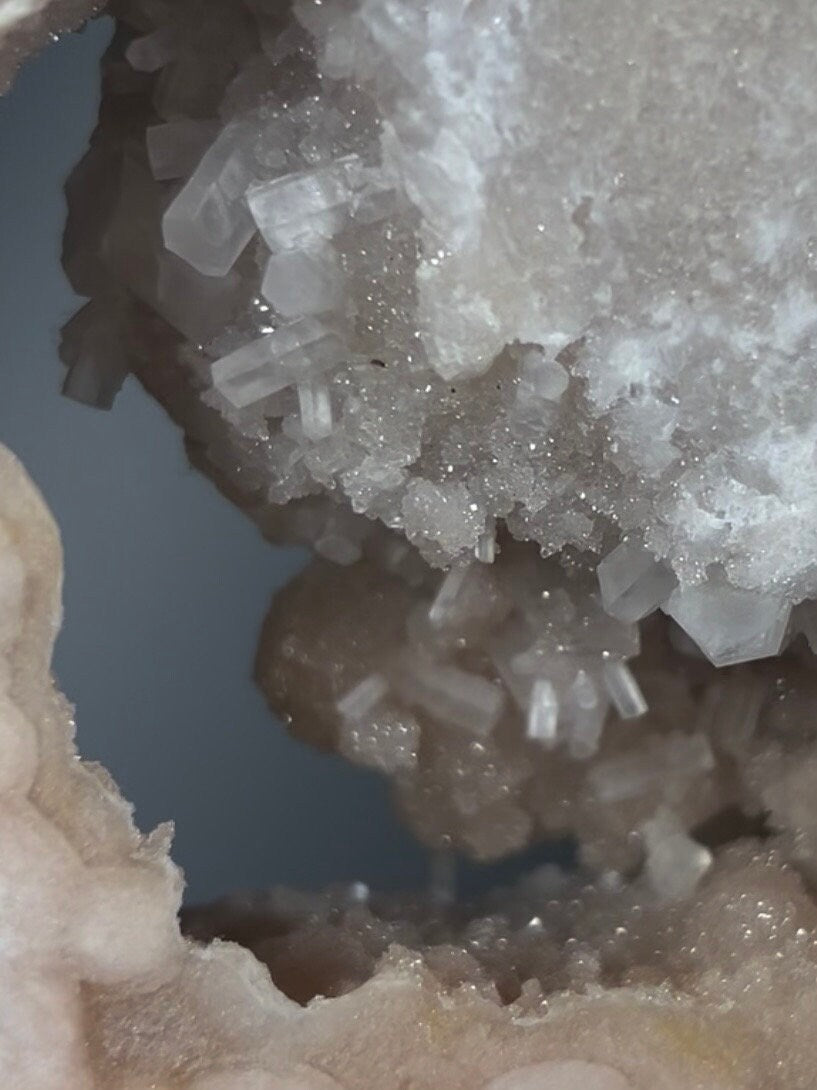 High grade, round pink amethyst slab with green jasper edging & rare cubic calcite inclusions