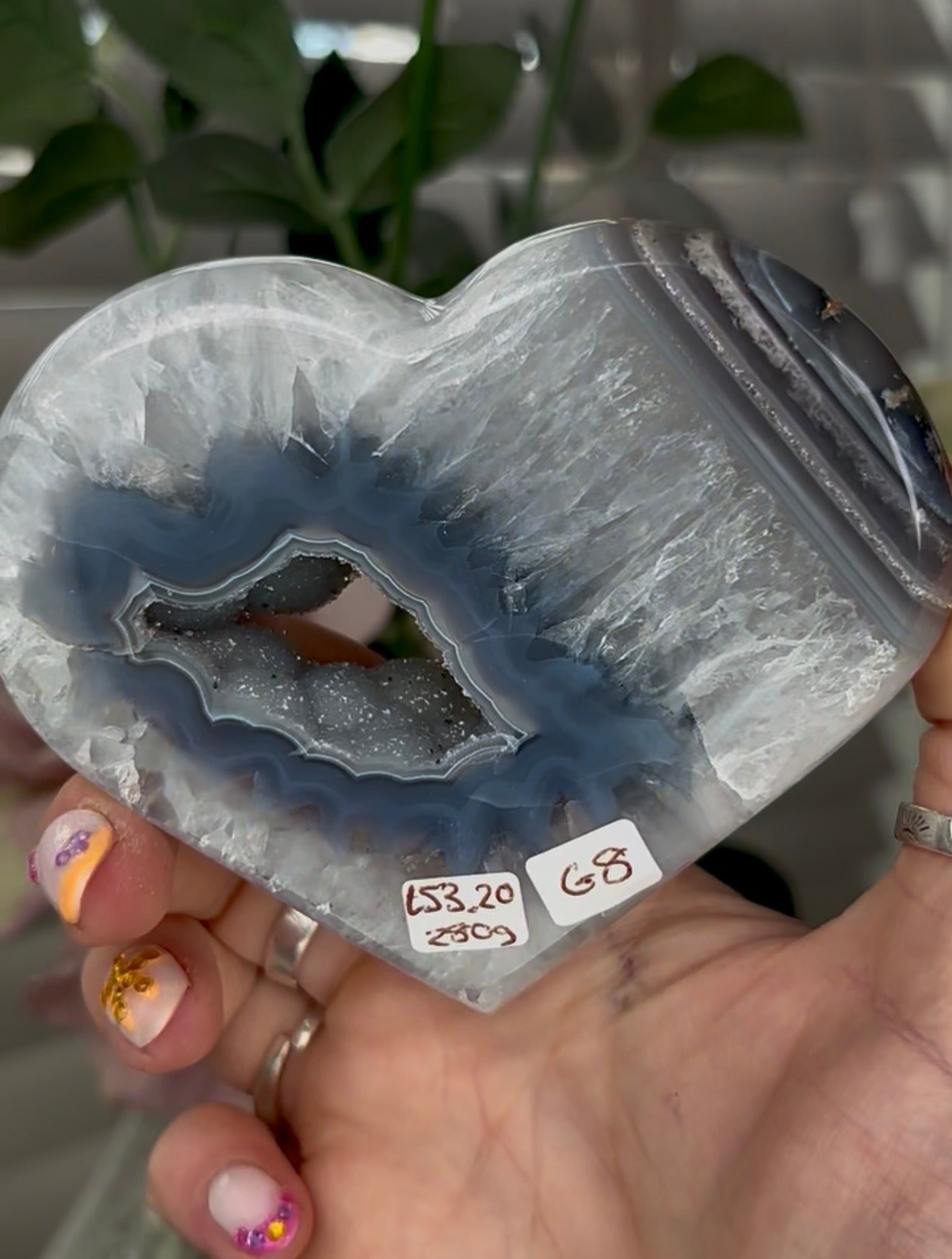 Beautiful, high quality, blue banded agate heart with druzy - stand included