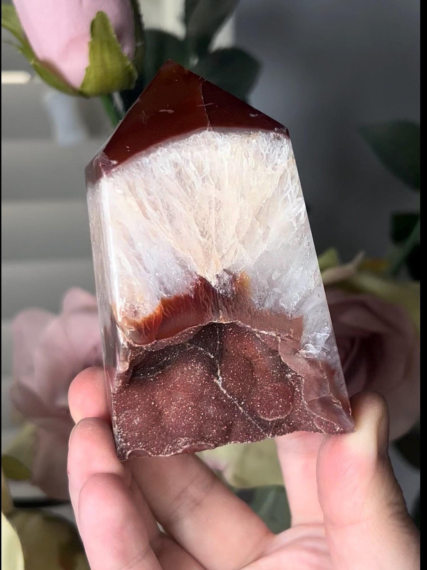 Extra quality, chinky red agate, carnelian tower with quartz & sugar druzy - stands perfectly