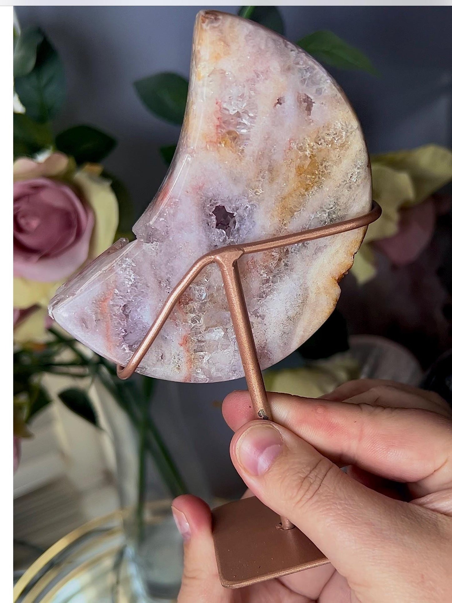 High grade, pink amethyst moon with purple quartz druze, rutile, sugar druzy formations and some red hematite lines 405g