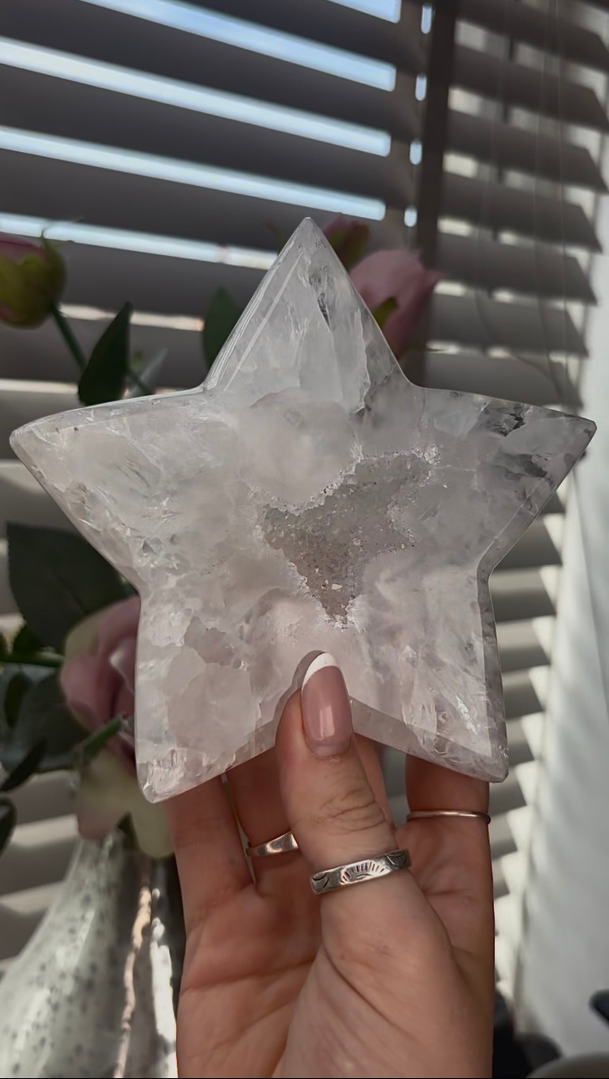 Beautiful, large, high grade, agate star with druzy and rainbows - comes with stand