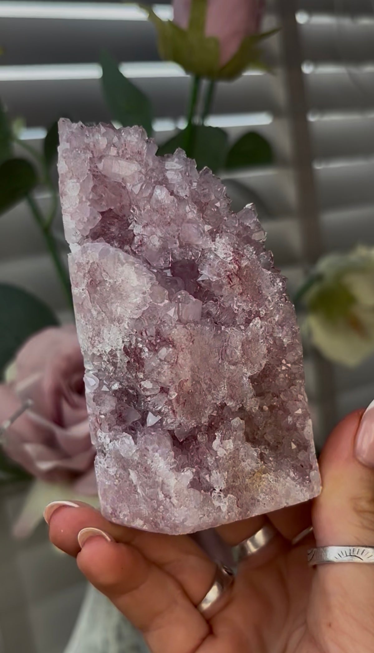 Beautiful, hq, druzy, Pink amethyst tower 10cm(h) by 5.5cm(w)