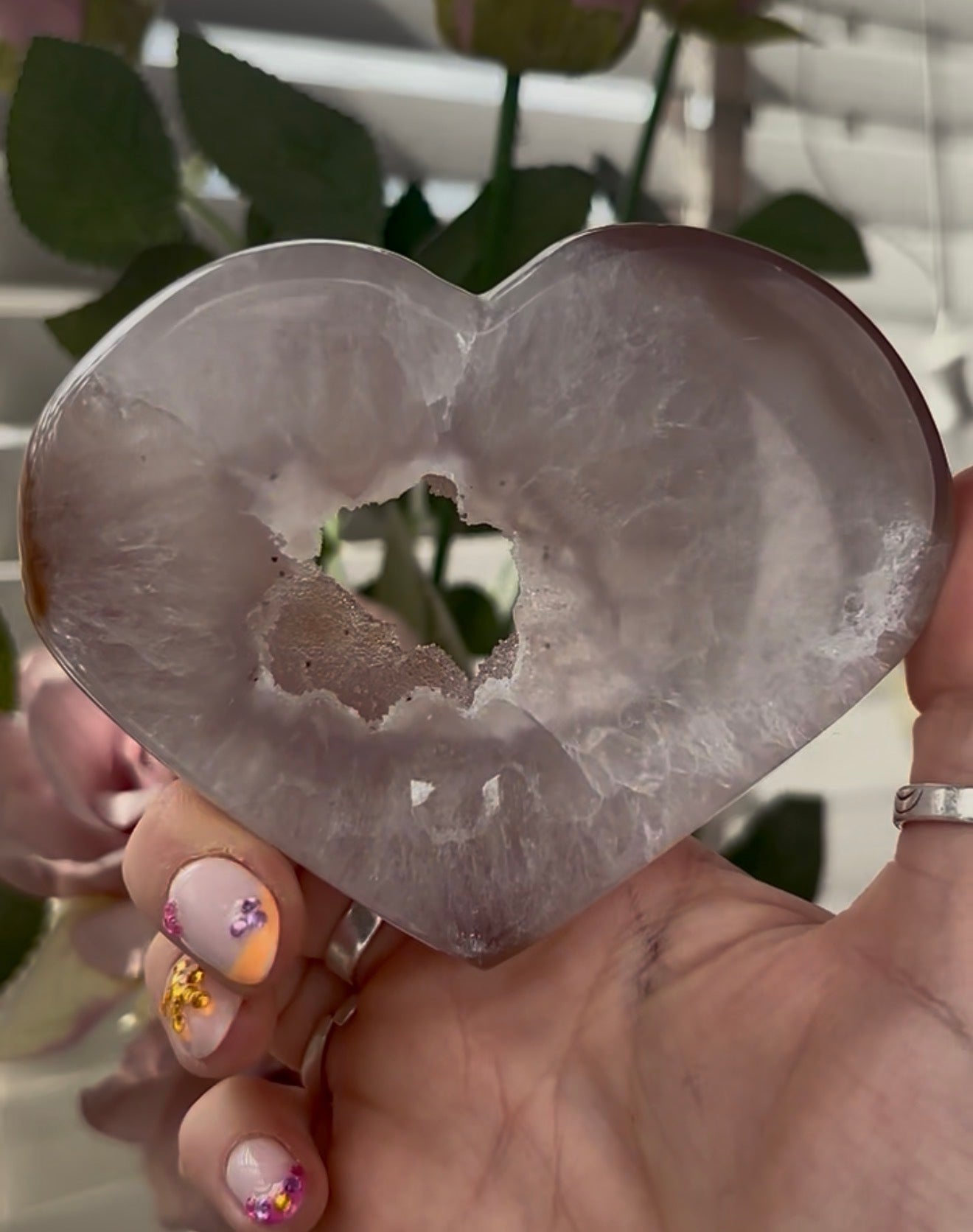 Beautiful, high quality, agate heart with druzy - stand included