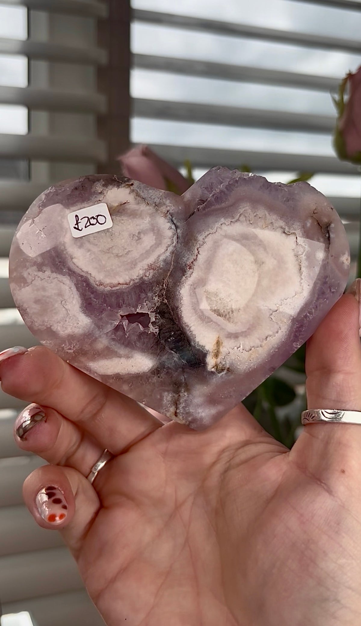 High grade, amethyst Flower agate heart with high clarity quartz
