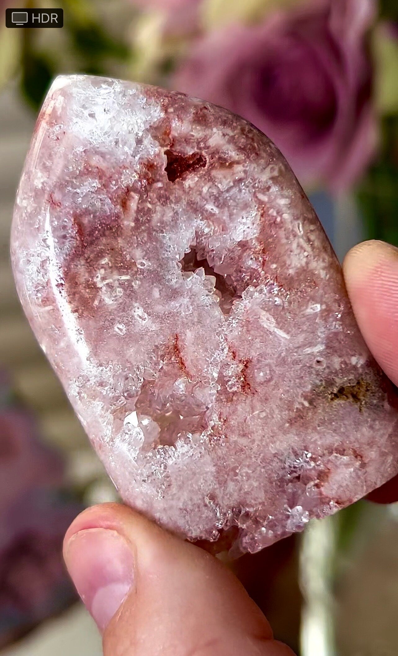 small, pink amethyst, flame with quartz & green jasper