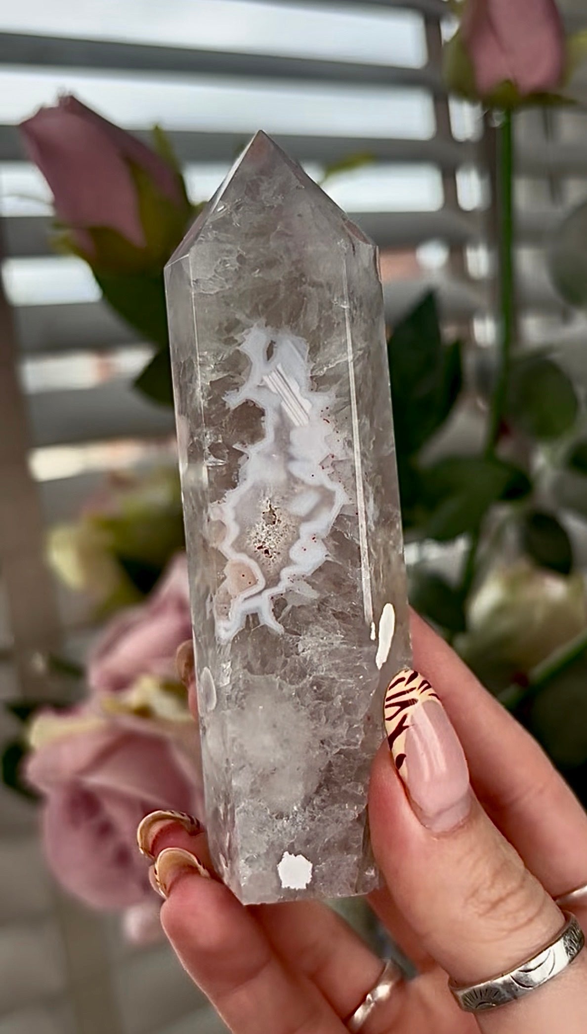 Stunning!! Super high quality, Druzy, green chlorite x blue flower agate tower