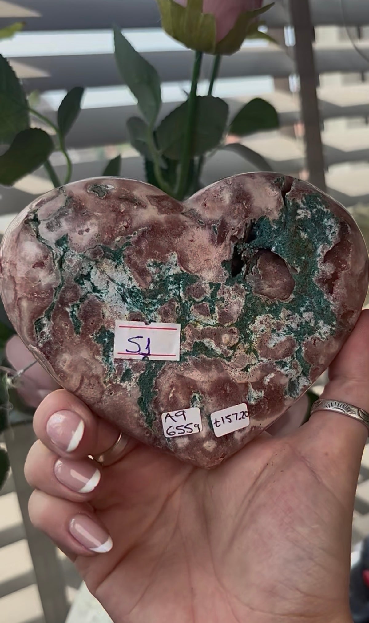 Gorgeous, high quality, pink amethyst heart with red quartz - comes with stand