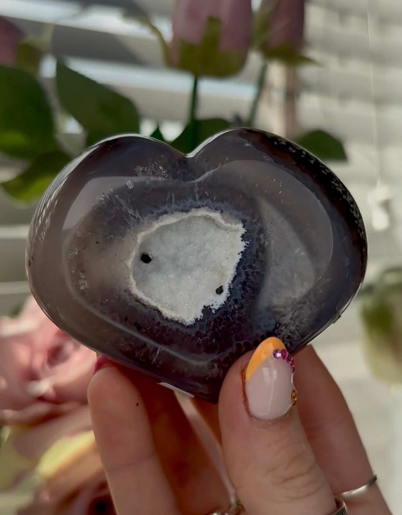 Beautiful, high quality, blue agate heart with sugar druzy - stand included