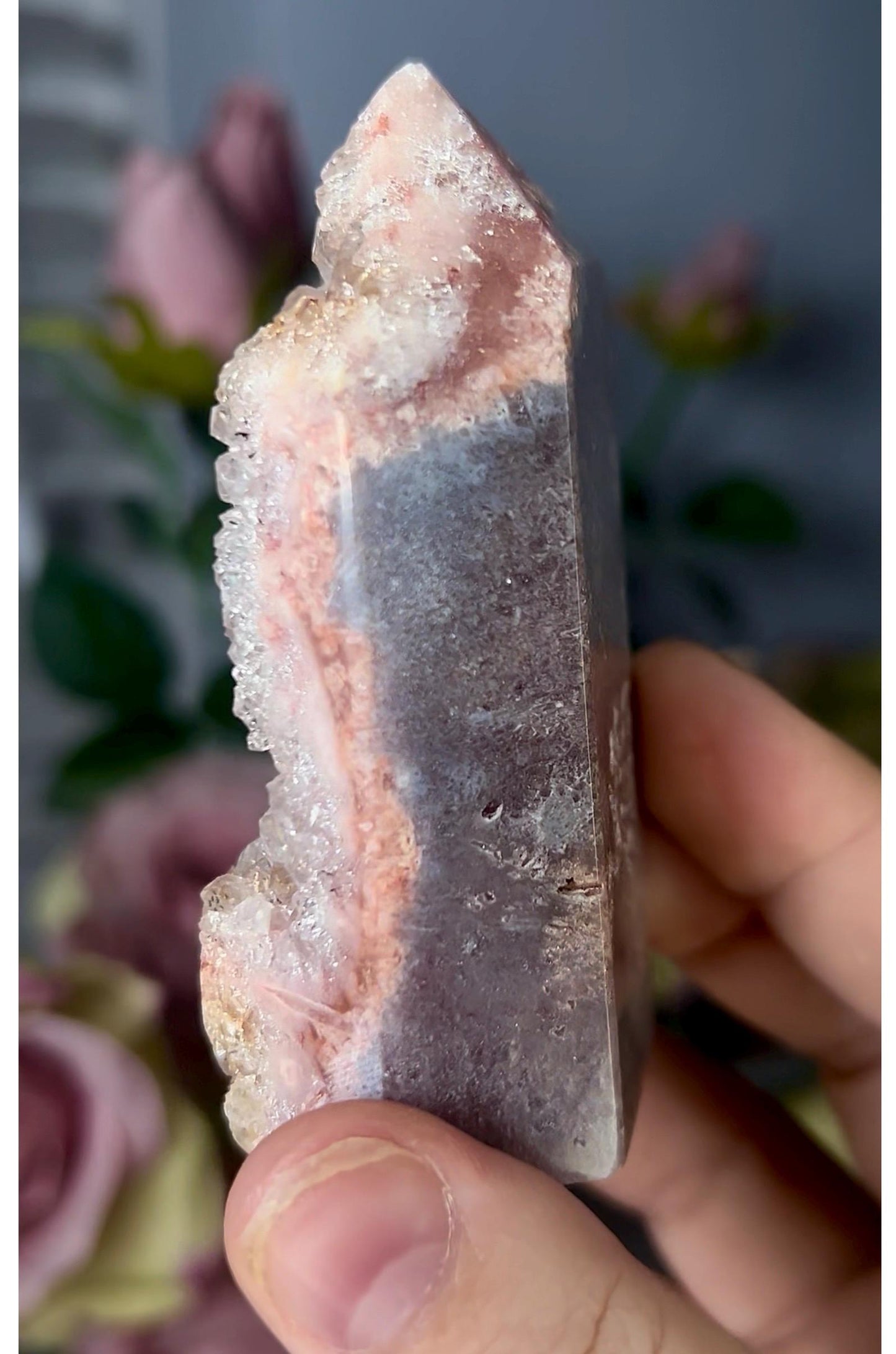 High grade, druzy, pink amethyst tower 179g