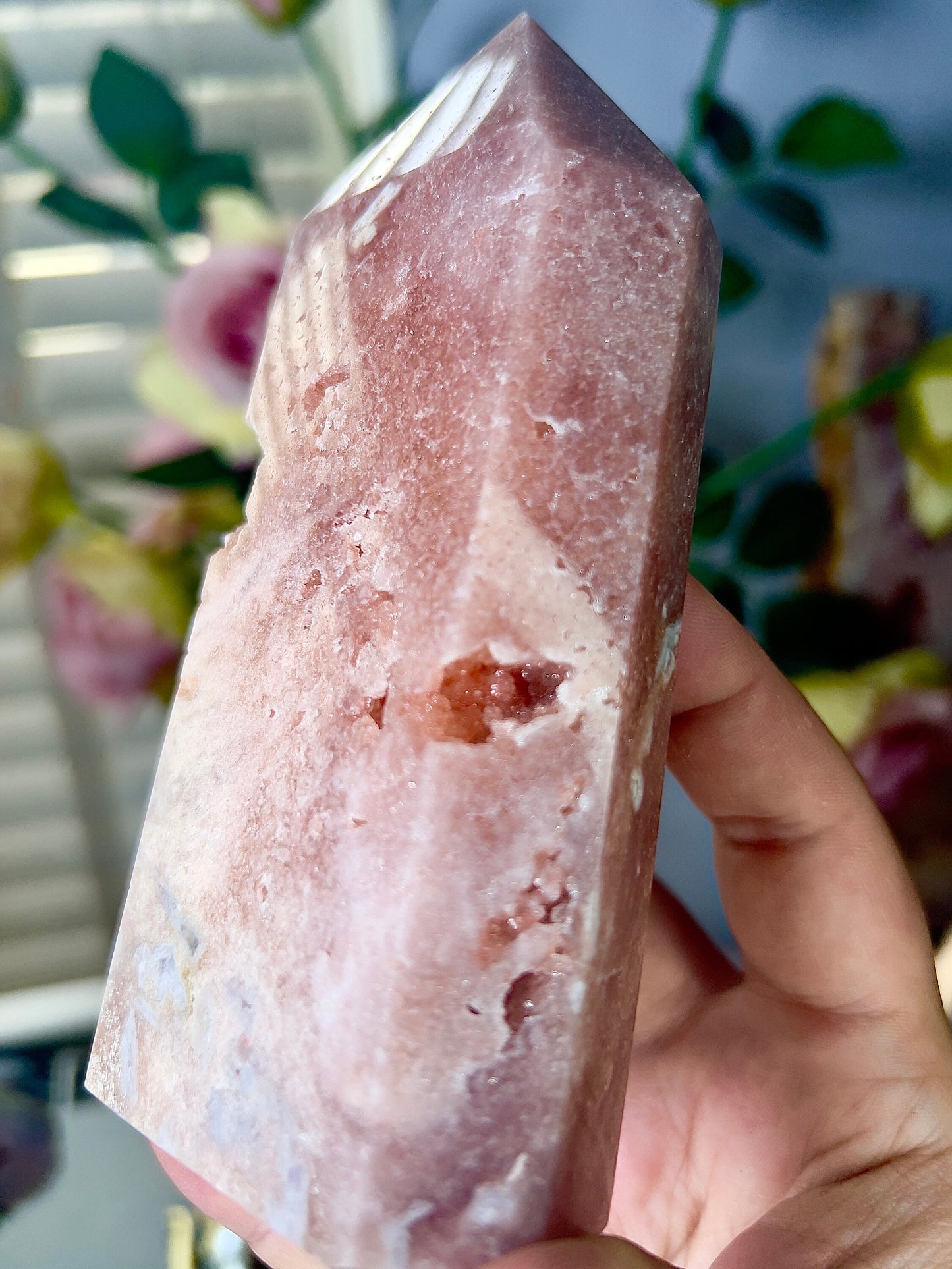 High grade, sunset tones pink amethyst tower 460g