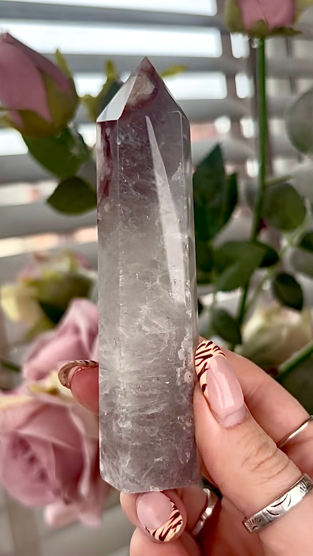 Stunning!! Super high quality, Druzy, green chlorite x blue flower agate tower