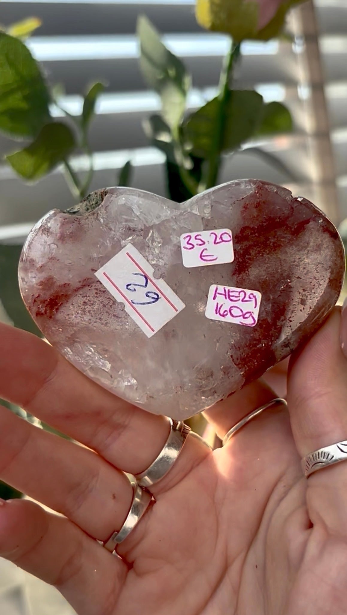 Gorgeous, high quality, berry red & quartz, pink amethyst heart- comes with stand