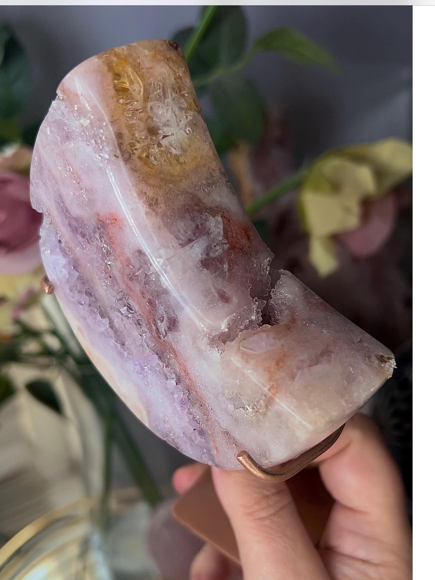 High grade, pink amethyst moon with purple quartz druze, rutile, sugar druzy formations and some red hematite lines 405g