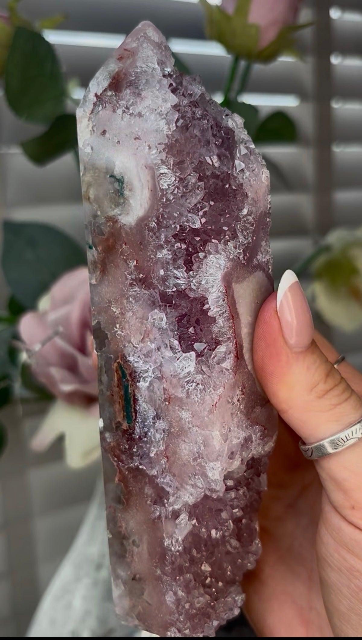 Beautiful, high quality, Pink amethyst tower with lilac quartz 18cm(h) by 4.5cm(w)