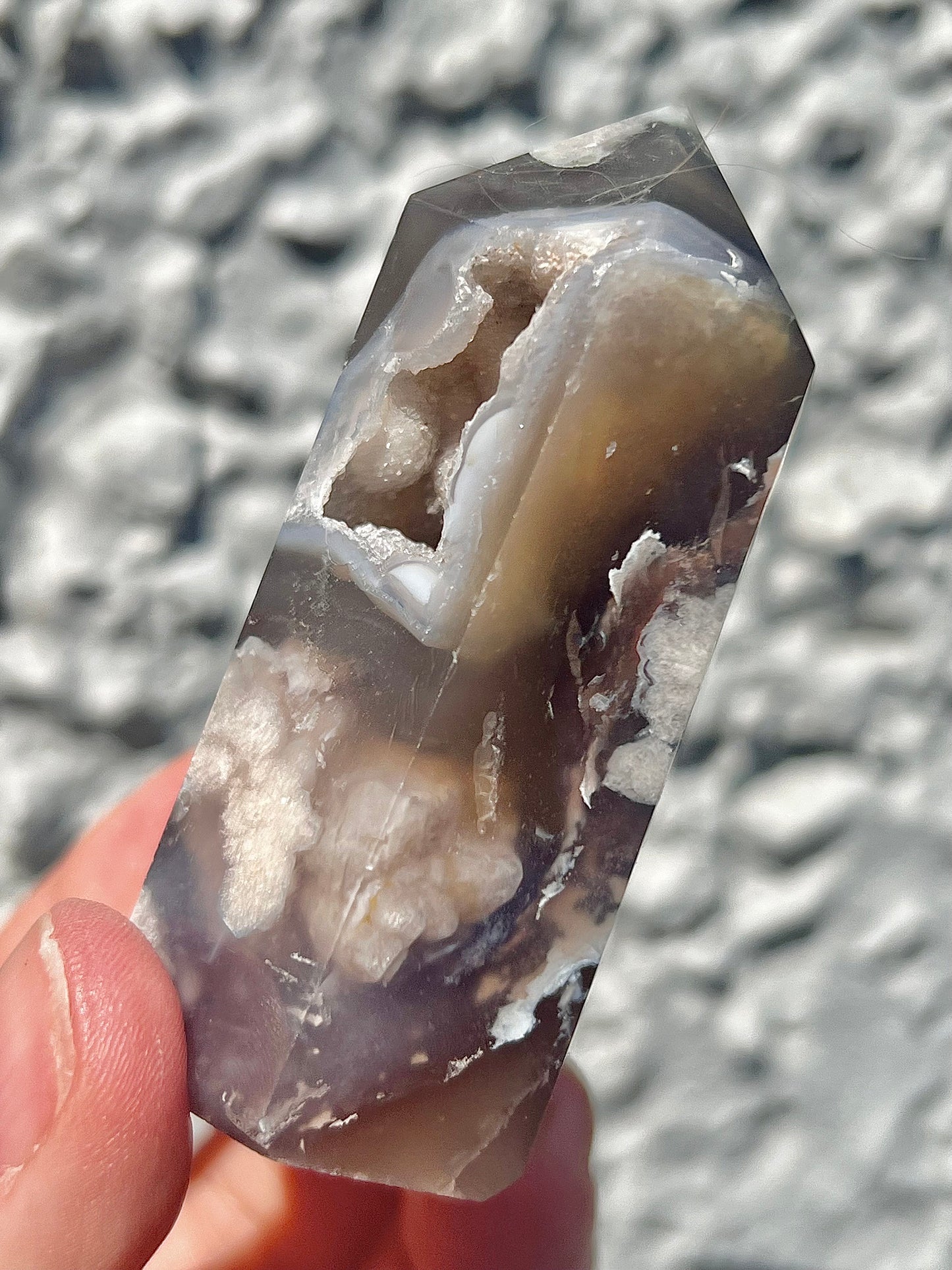 black flower agate tower with druzy cave