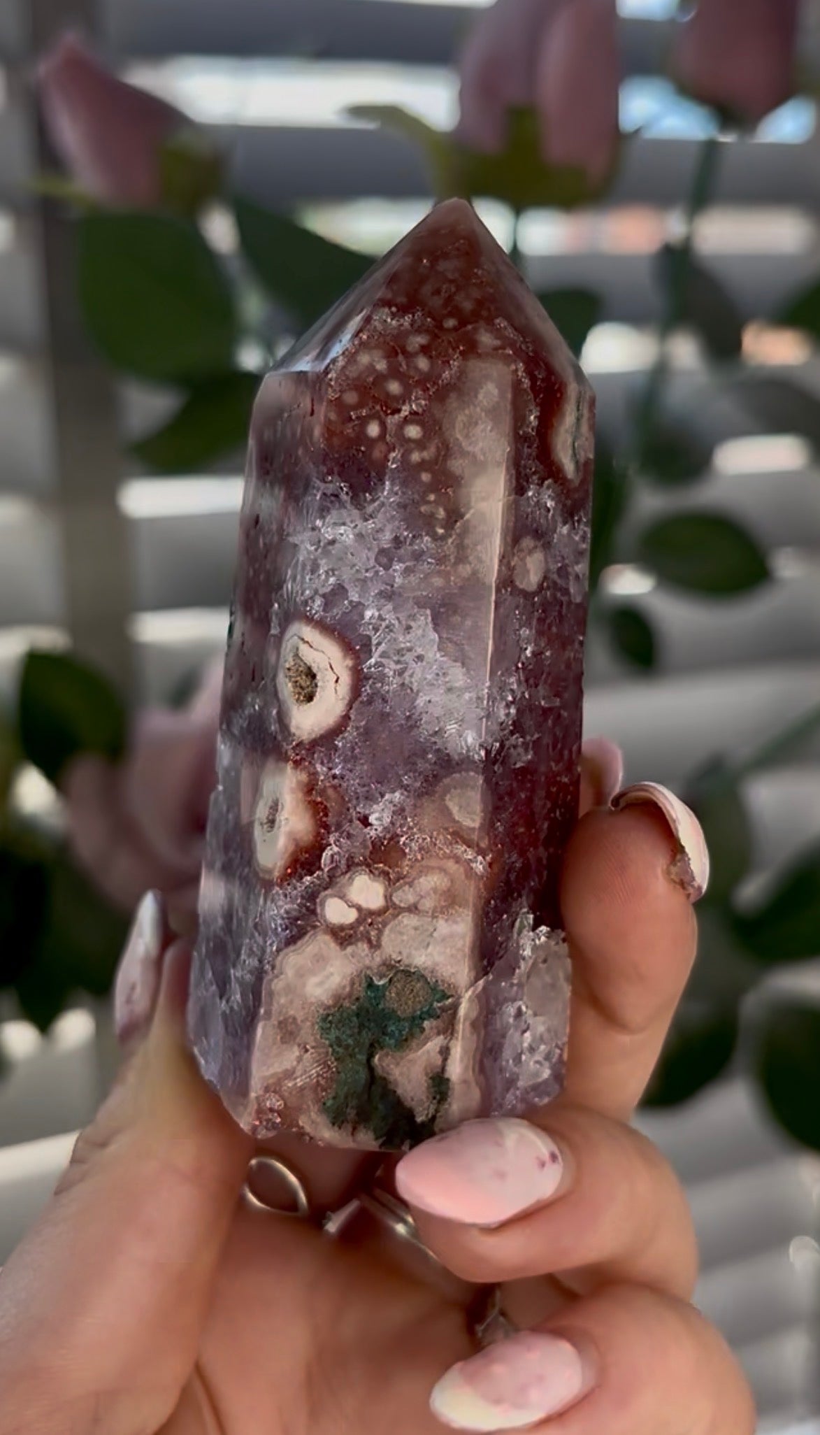 Beautiful, high quality, Pink amethyst tower with red hematite, lilac quartz and Green jasper