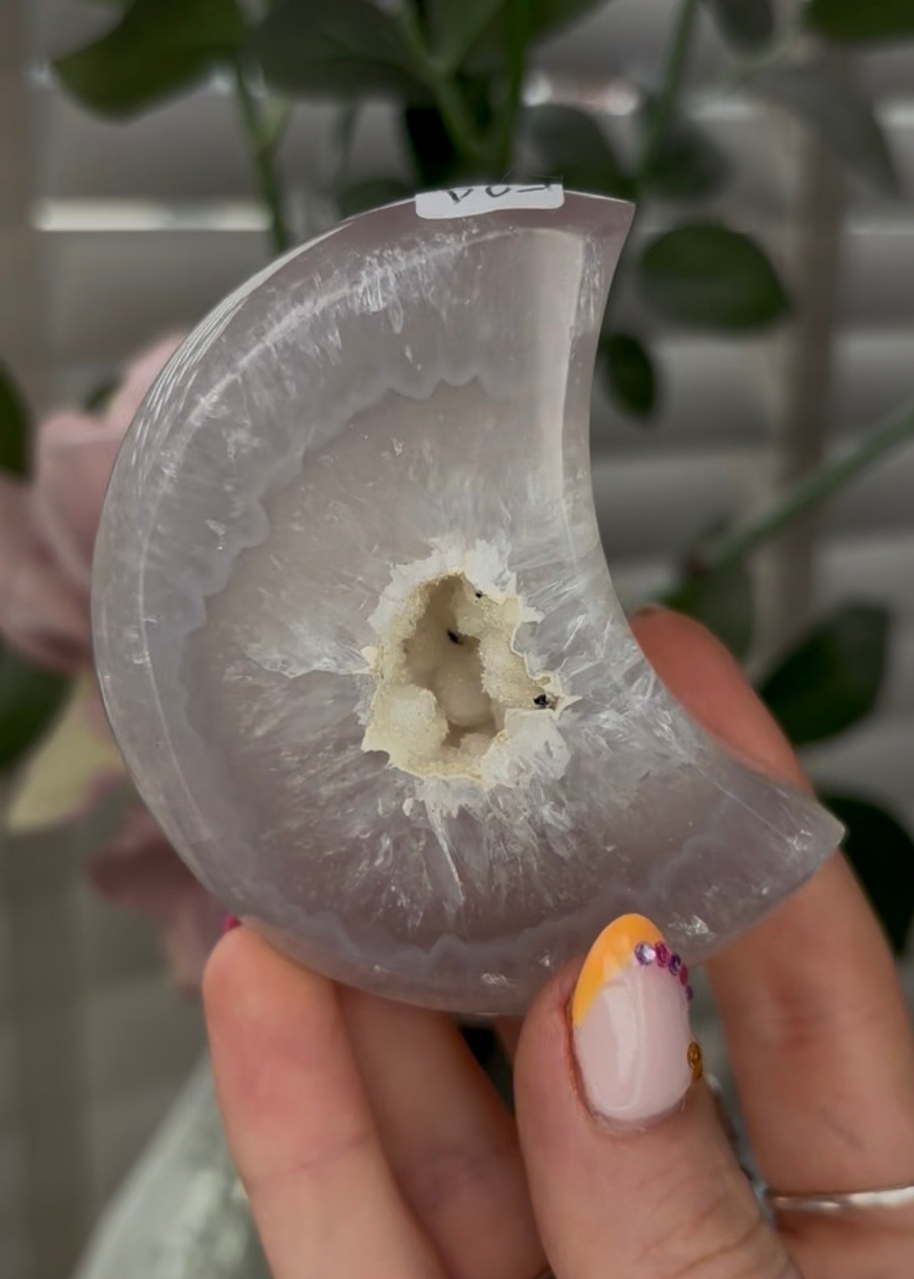 Beautiful, high grade, agate moon with druzy - comes with stand