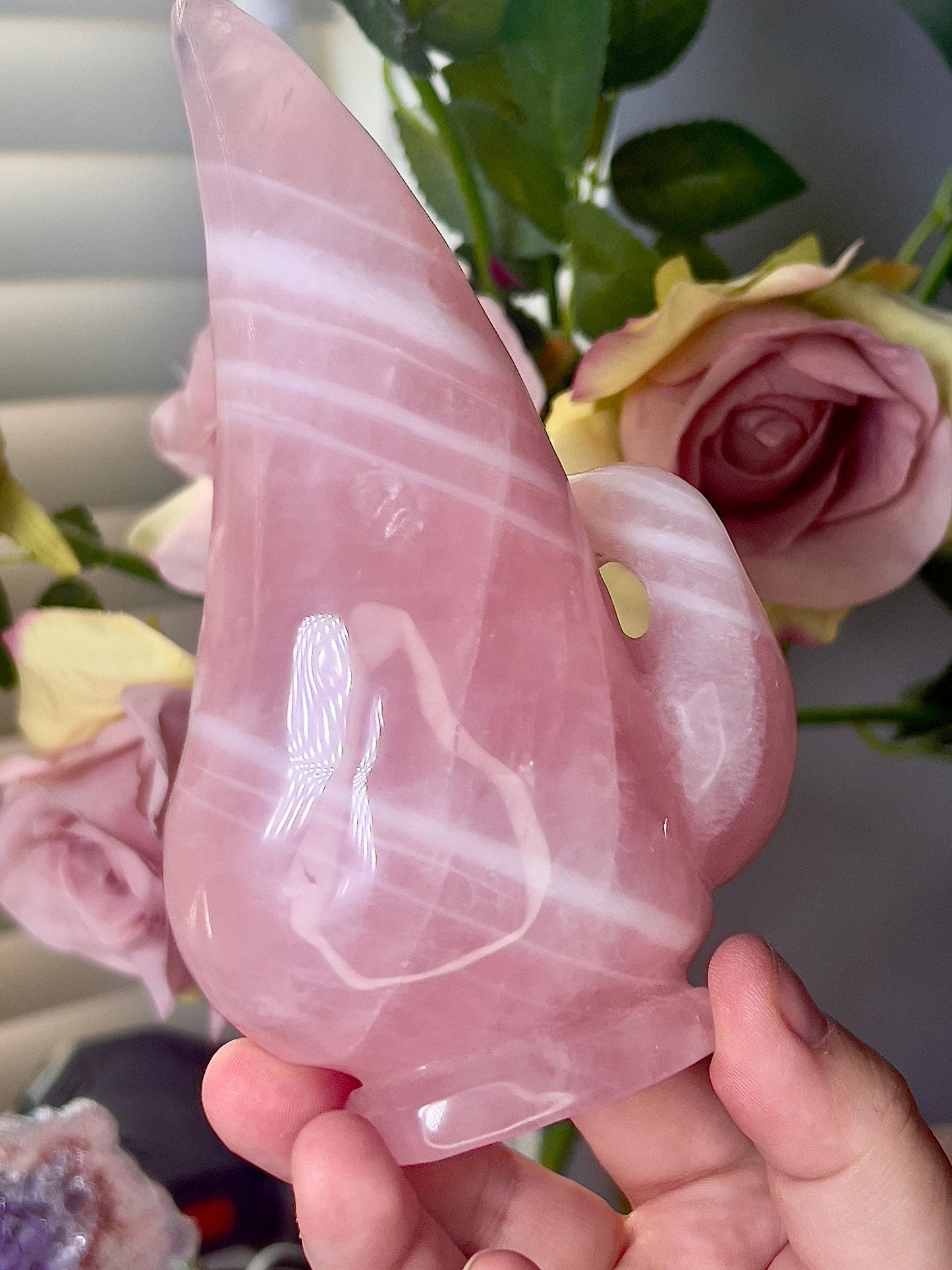 High grade, rose quartz swan carving
