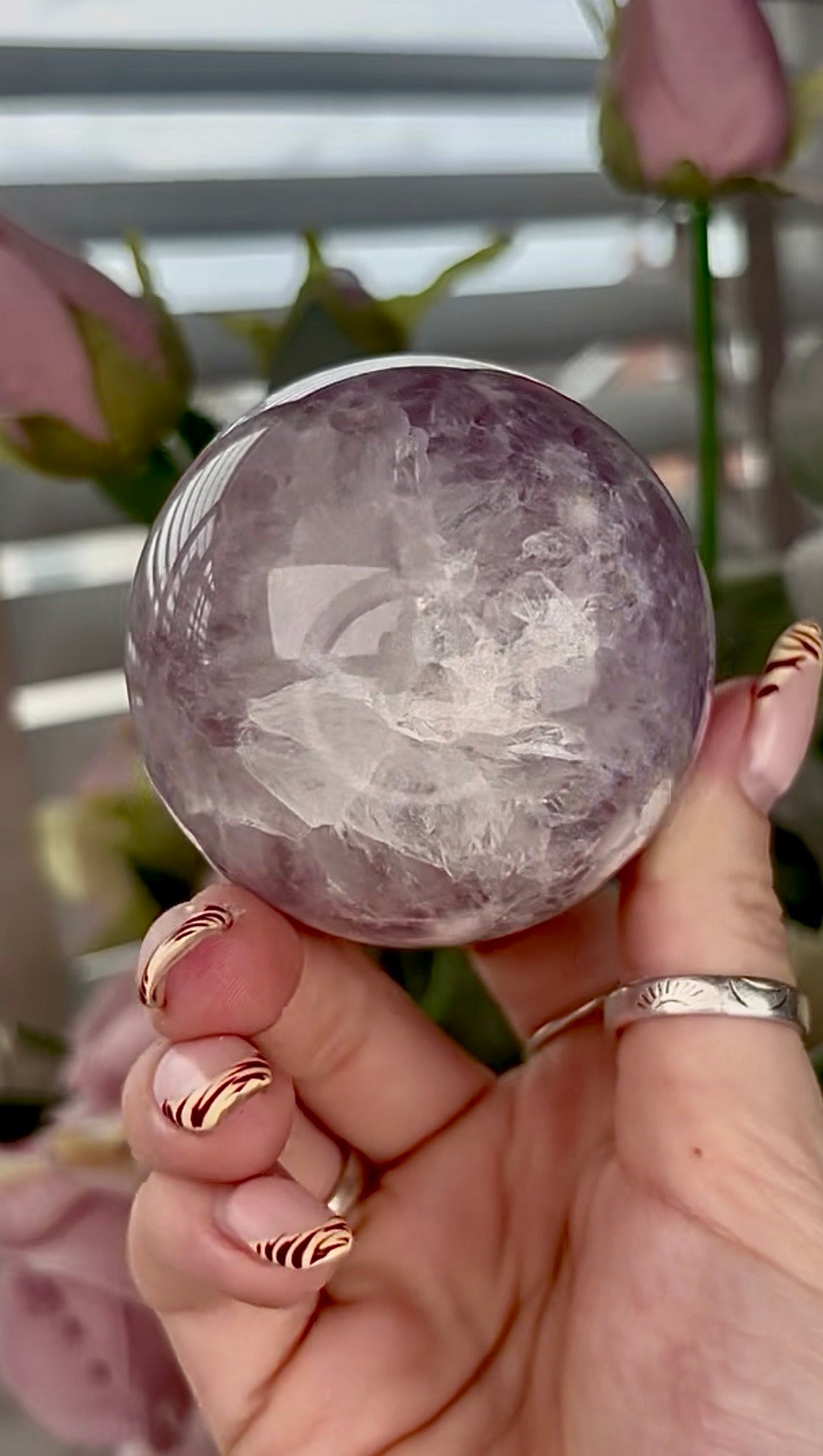 High grade, amethyst Flower agate sphere with high clarity quartz