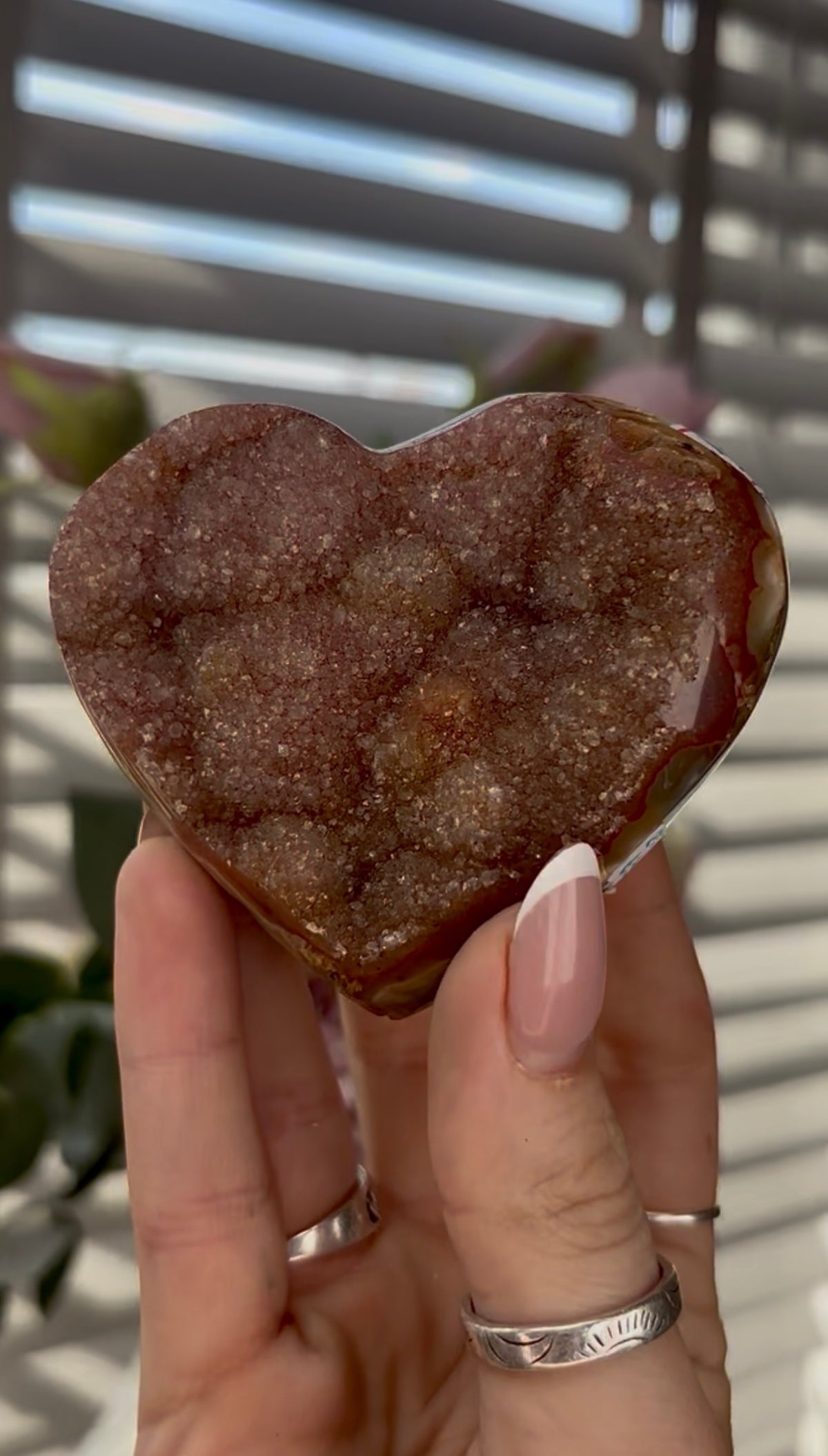 Uruguay, rainbow amethyst heart - comes with stand