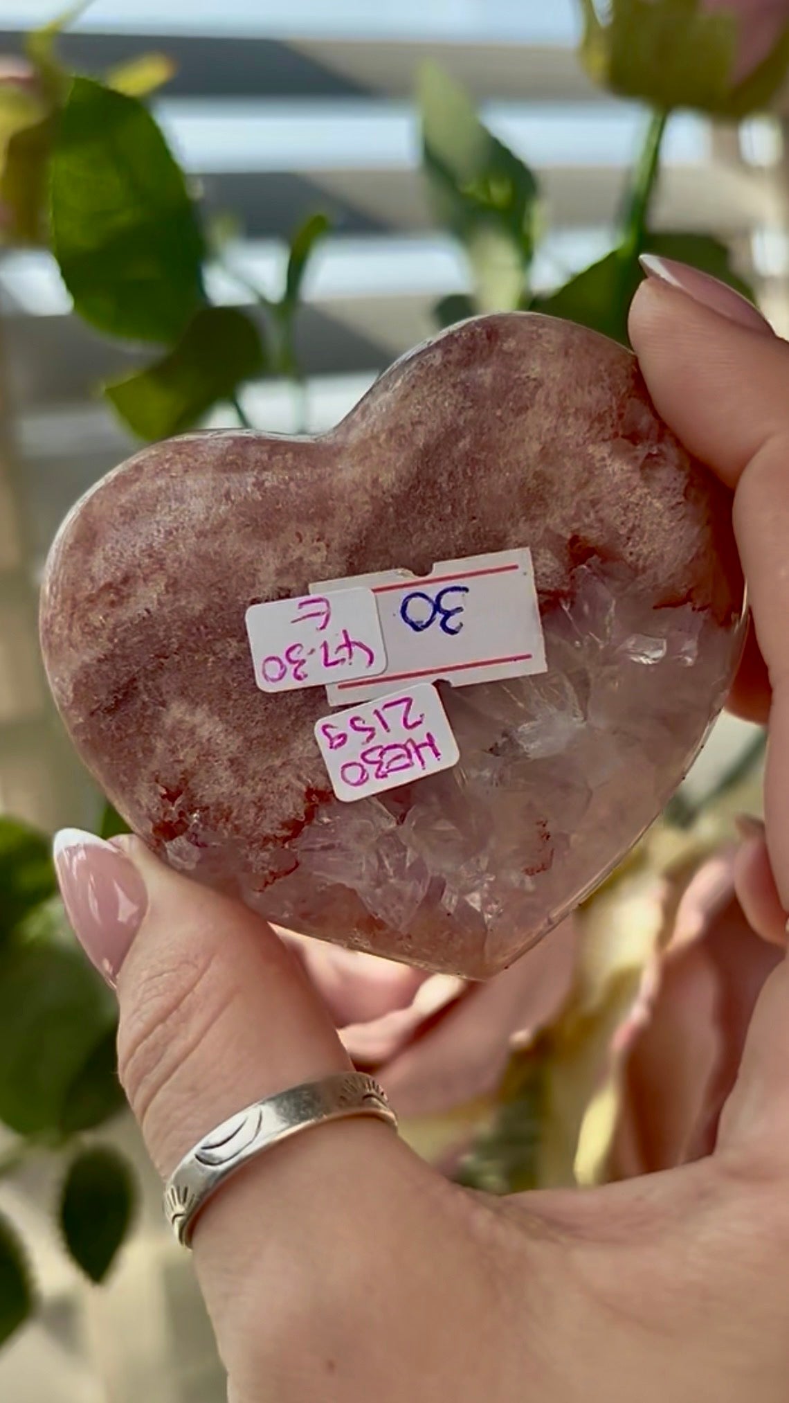Gorgeous, hq, chunky quartz, pink amethyst heart- comes with stand