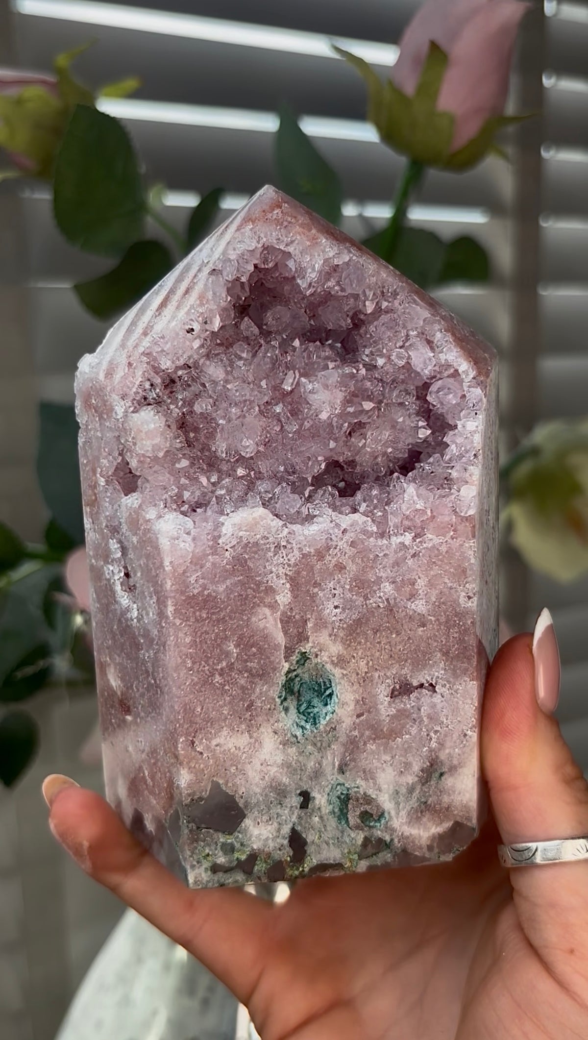 Beautiful, hq, druzy, chunky Pink amethyst tower 12.7cm(h) by 8.2cm(w)