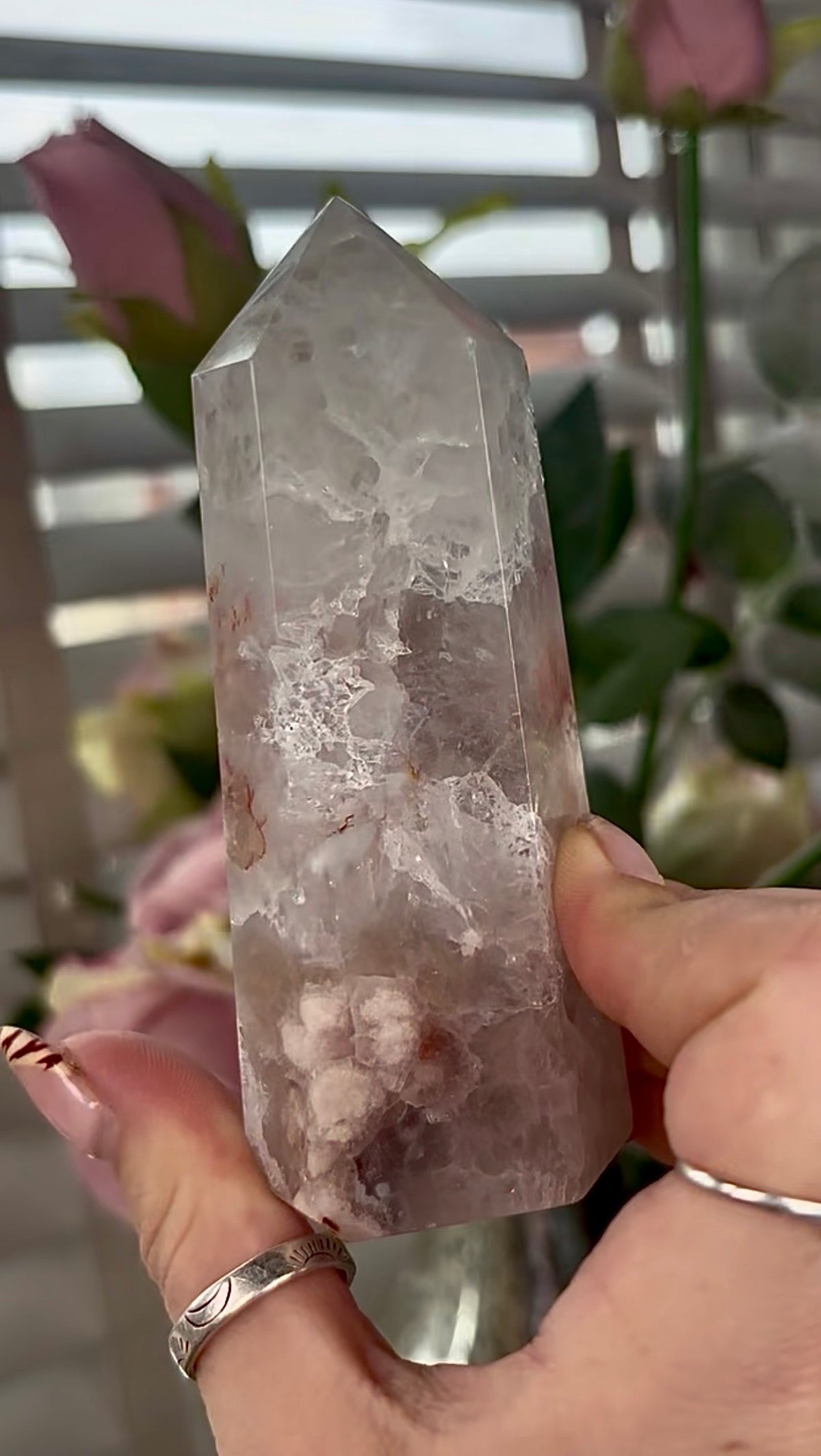 Stunning!! Super high quality, Druzy, green chlorite x blue flower agate tower