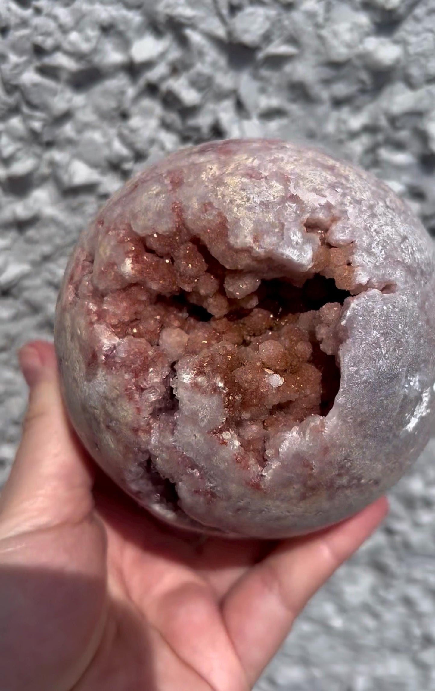 large, statement, pink amethyst sphere with rusty red, bubble sugar druzy 1.205kg