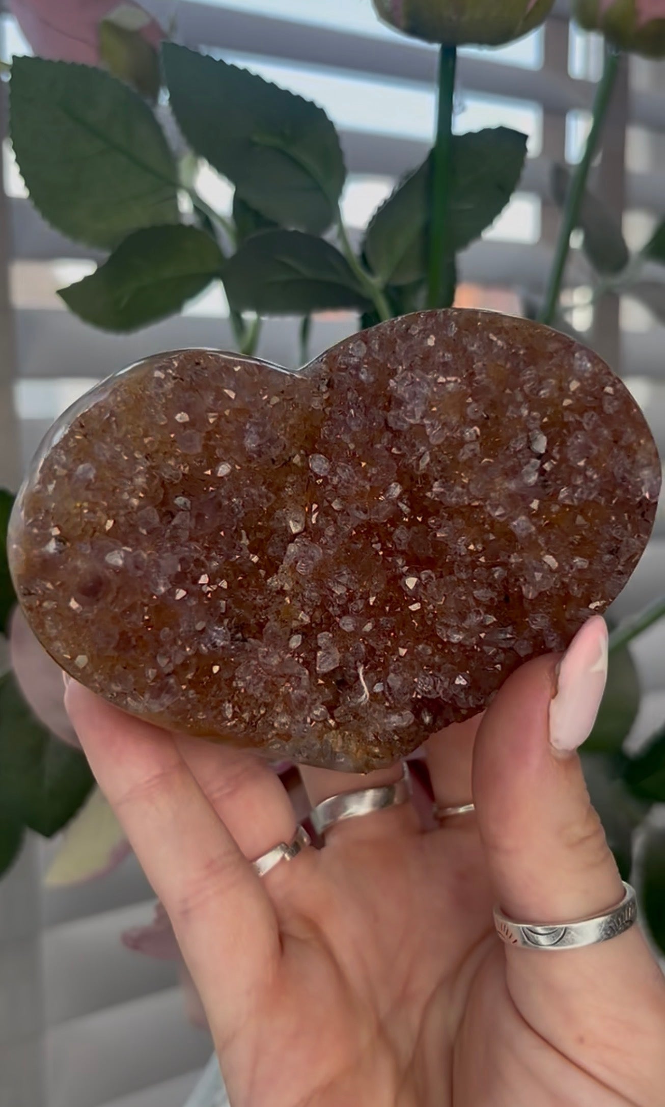 Uruguay, rainbow amethyst heart - comes with stand in orange/purple tones
