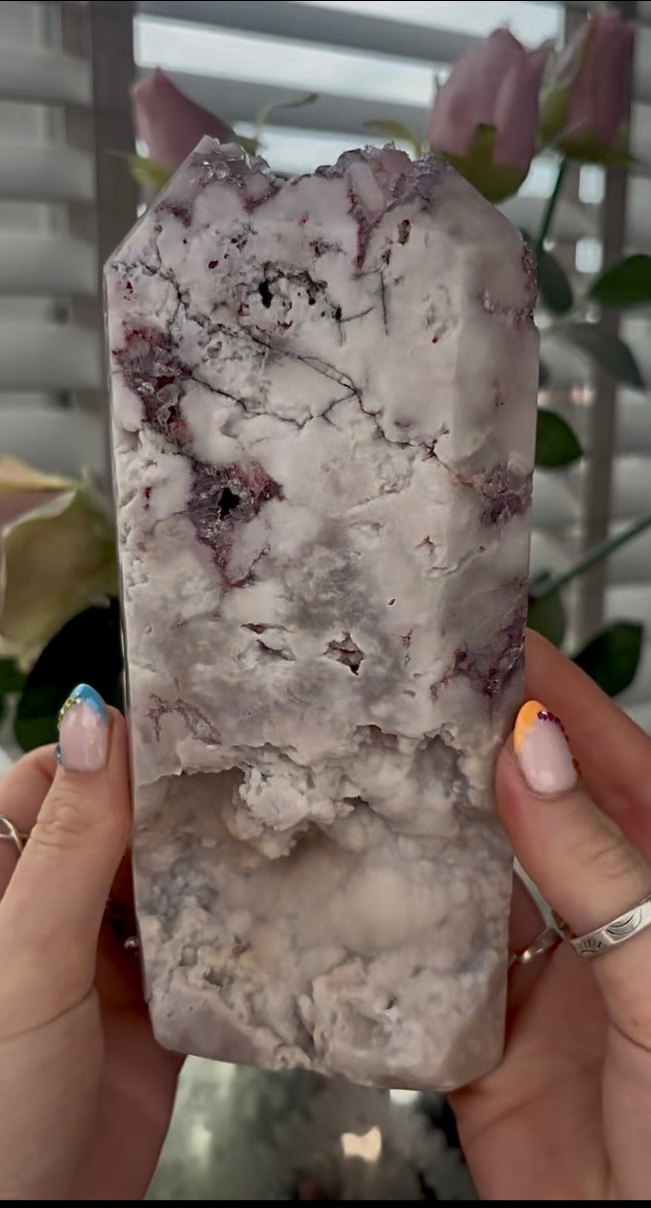 Huge, High quality, Pink amethyst tower, with purple quartz druzy