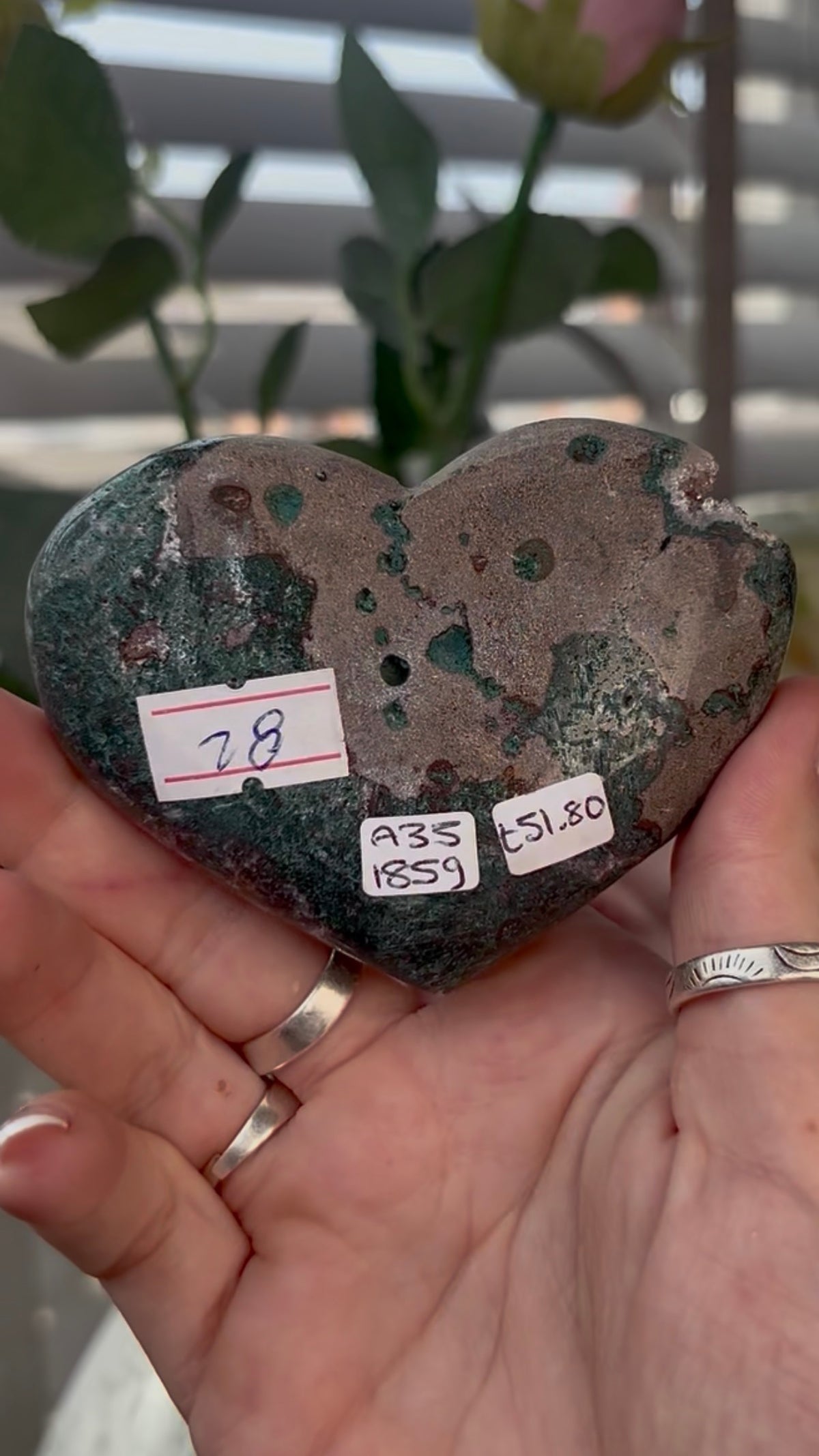 Gorgeous, high quality, pink amethyst heart with Jasper - comes with stand (