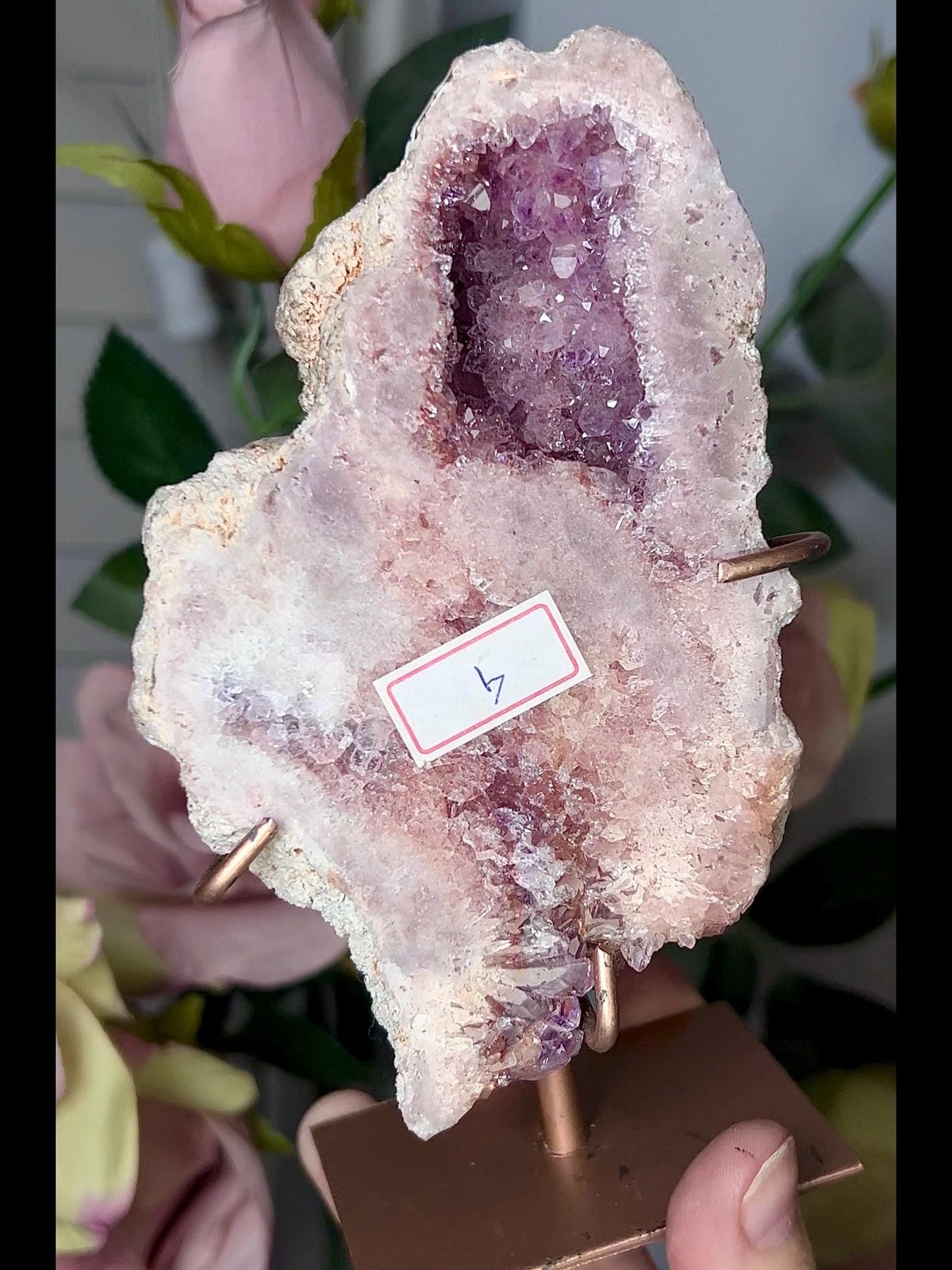 High grade, gorgeous, pink amethyst slab with purple druzy on stand